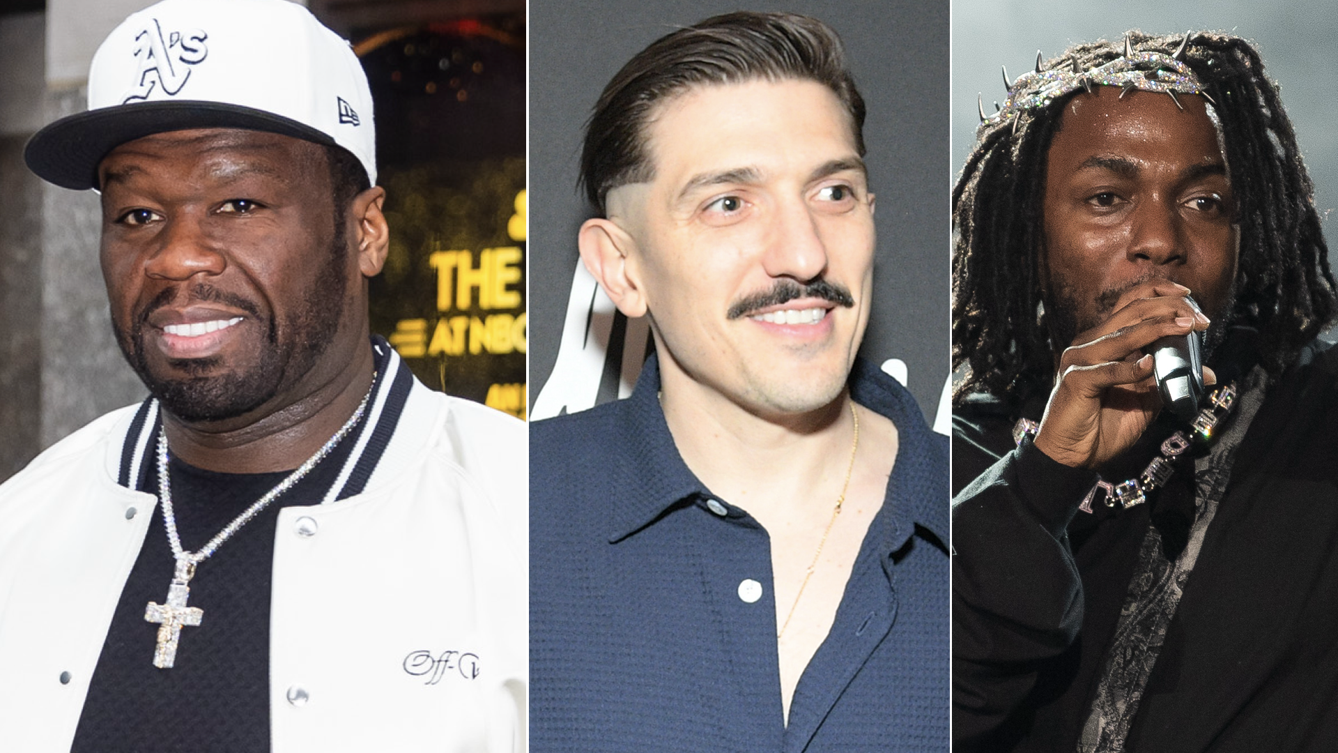 50 Cent in a white jacket and cap, Andrew Schulz in a dark shirt, and Kendrick Lamar performing with a microphone.