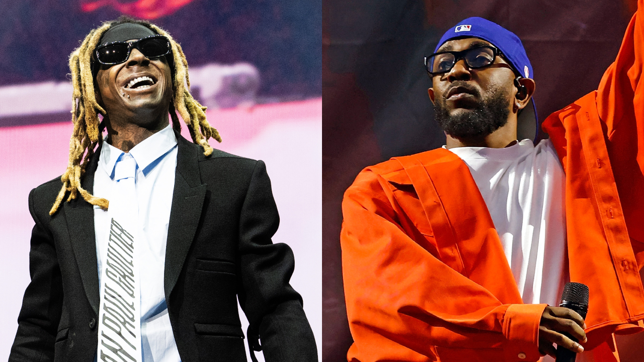 Lil Wayne wearing a suit and sunglasses on the left, and Kendrick Lamar in an orange jacket and blue cap on the right, performing on stage.