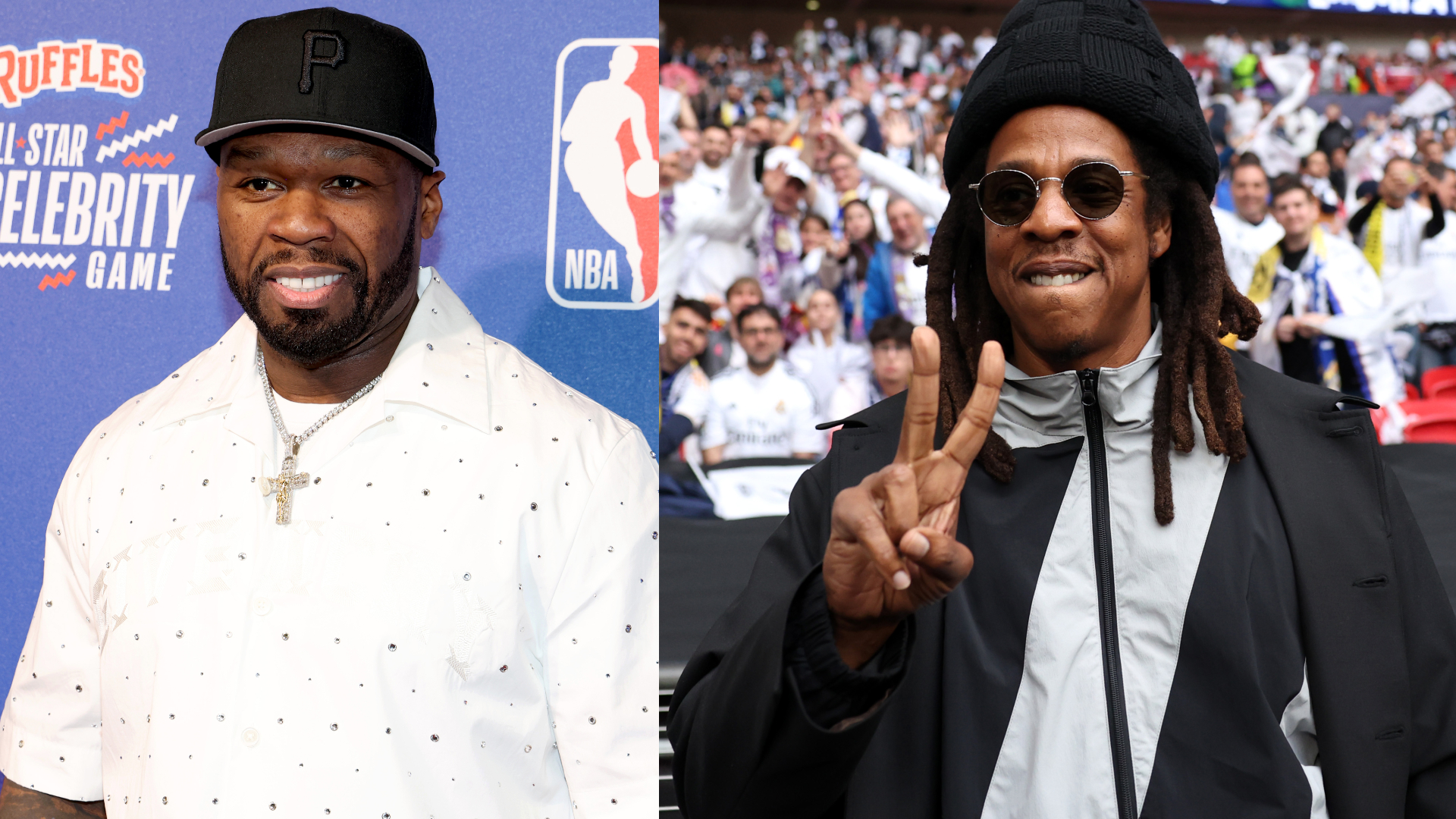 50 Cent in a white shirt at an NBA event and Jay-Z in sunglasses and a beanie, flashing a peace sign at a sports event.