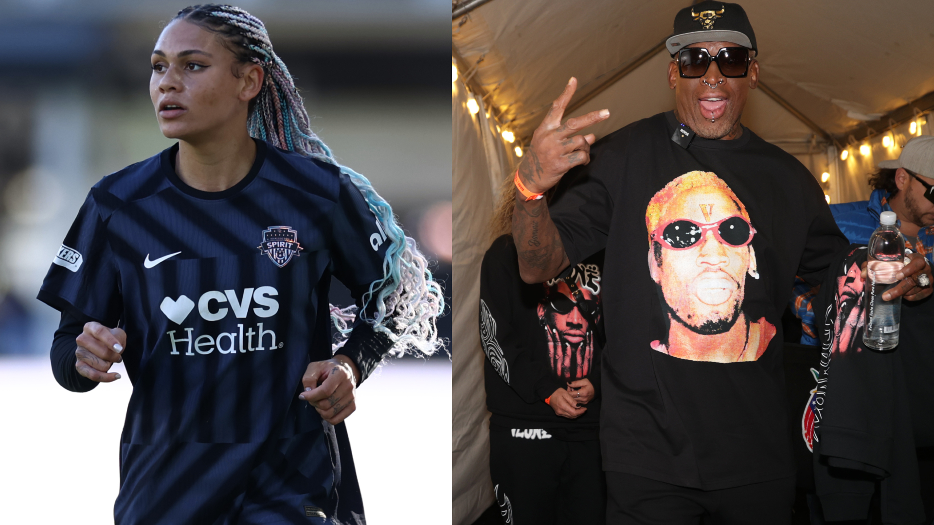 Soccer player Trinity Rodman in uniform and Dennis Rodman wearing a graphic shirt and cap, making a peace sign gesture.