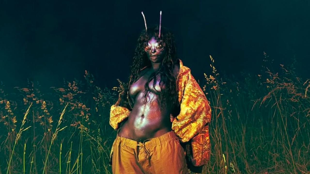 A person with insect-like features and antennae stands in a field, wearing a golden jacket and pants, with a surreal, artistic style.