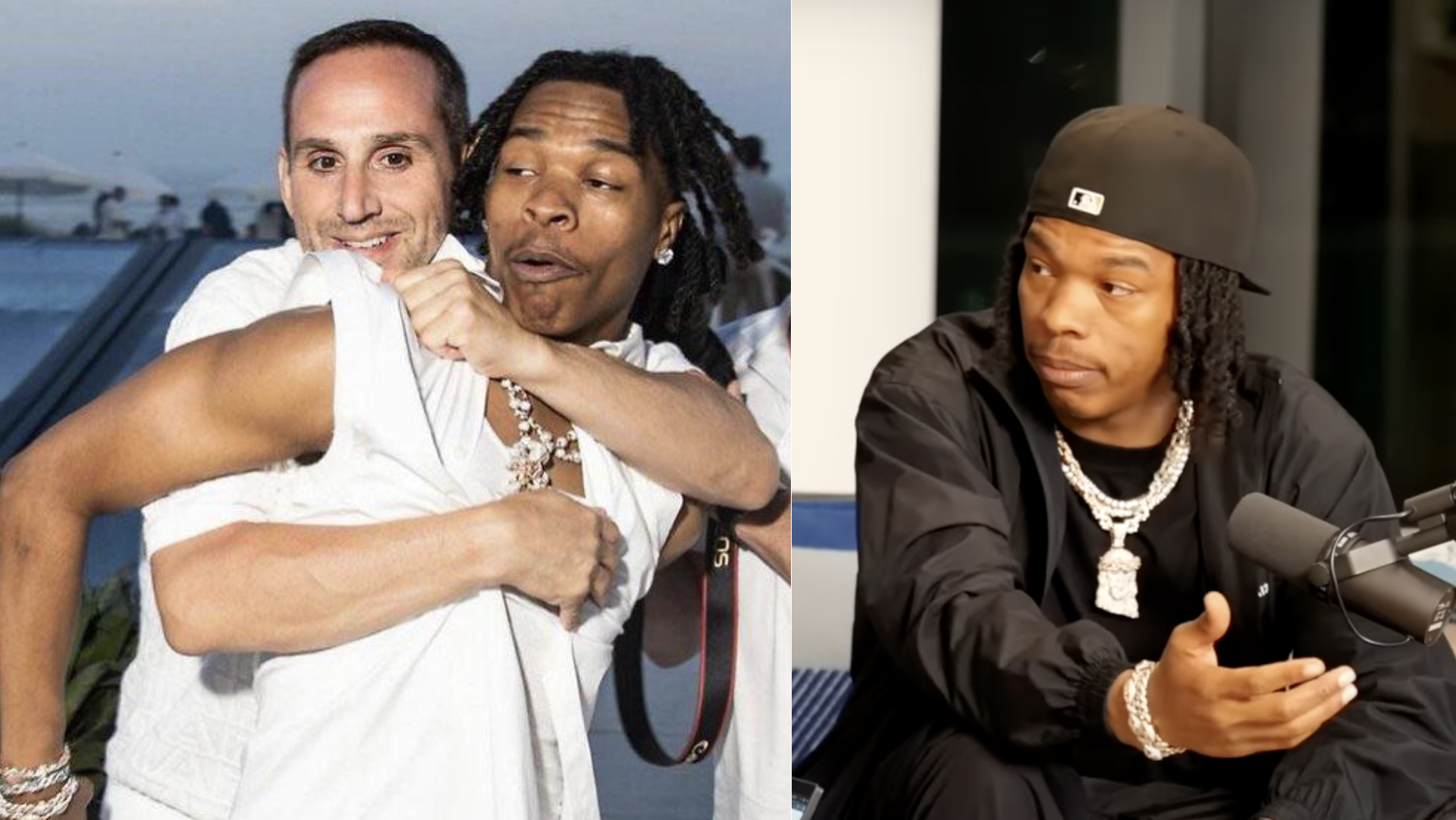 The image shows two separate shots of Lil Baby. On the left, he playfully interacts with Michael Rubin. On the right, he's speaking into a microphone.