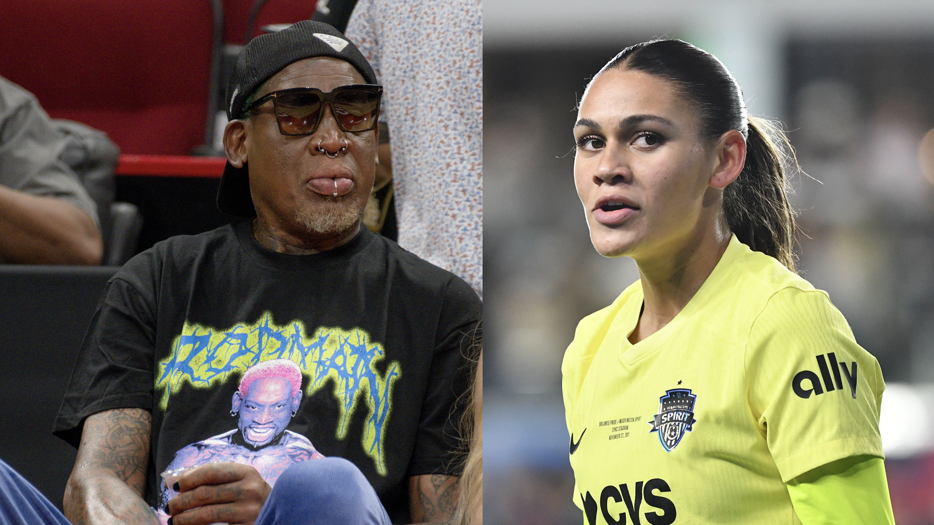 (L) Dennis Rodman attends the Denver Nuggets vs Houston Rockets final home game at Toyota Center on April 04, 2023 in Houston, Texas. (R) Trinity Rodman #2 of Washington Spirit looks on during the NWSL Championship game between Orlando Pride and Washington Spirit at CPKC Stadium on November 23, 2024 in Kansas City, Missouri.