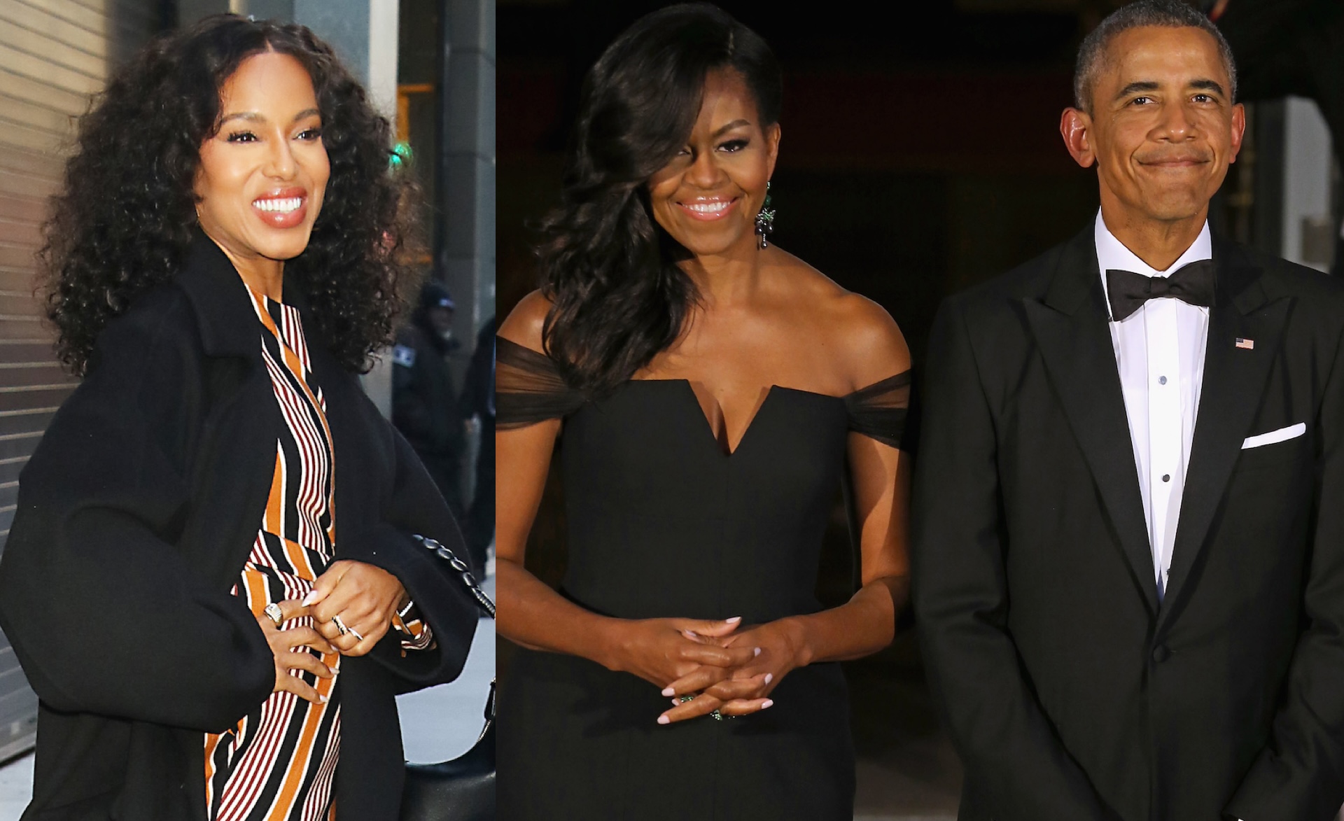 (L) Kerry Washington smiling in a striped dress. (R) Michelle Obama in a black gown and Barack Obama in a tuxedo.