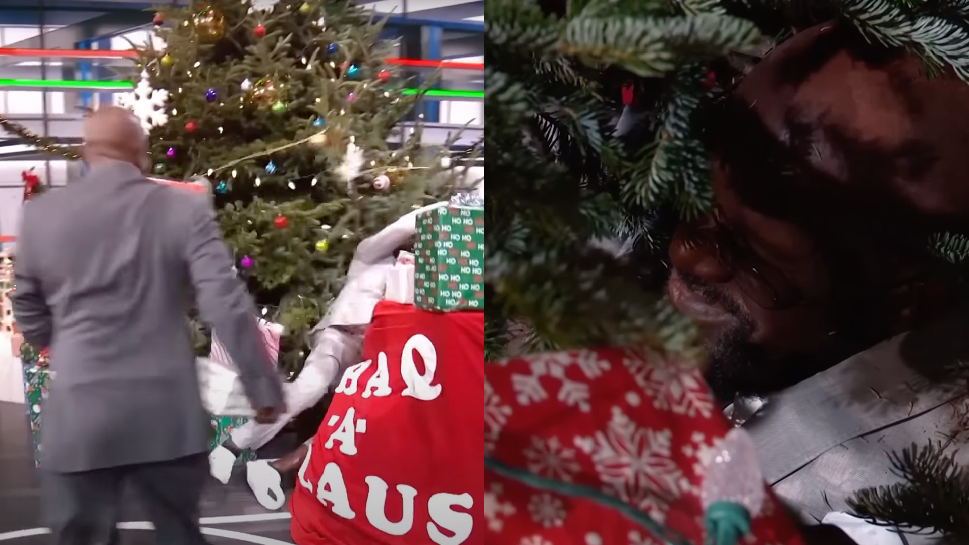 A screenshot showing Kenny Smith pushing Shaq into a Christmas tree followed by the aftermath.