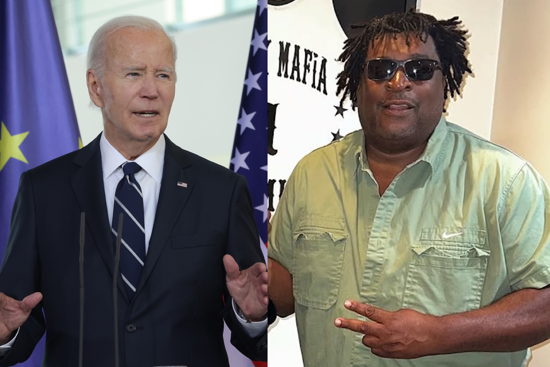 Joe Biden speaking at a podium with flags behind him; Terry Flenory in sunglasses and a green shirt making a peace sign.