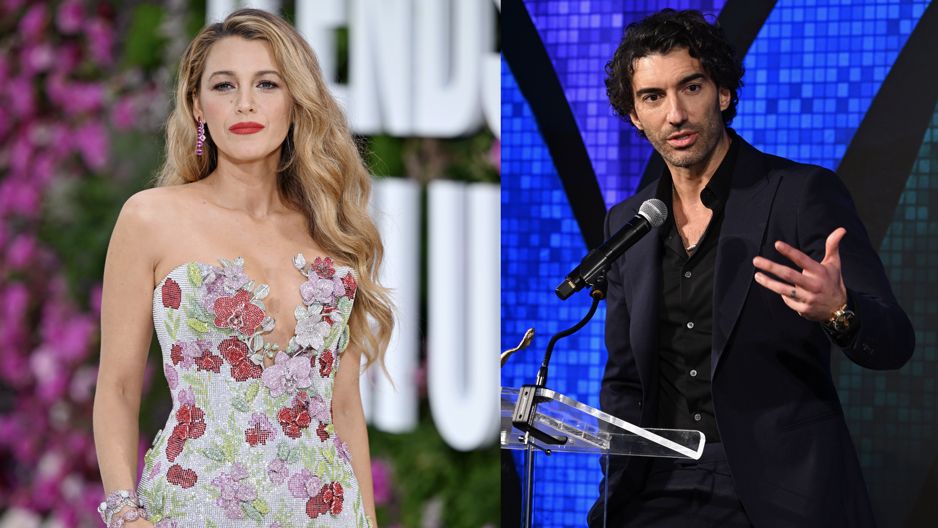 Blake Lively attends the UK Gala Screening of "It Ends With Us" at the Odeon Luxe Leicester Square on August 08, 2024 in London, England/Justin Baldoni speaks onstage at the Vital Voices 12th Annual Voices of Solidarity Awards at IAC Building on December 09, 2024 in New York City.