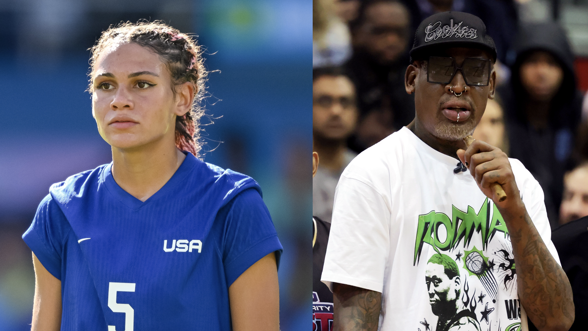 Trinity Rodman of USA looks on during the Women's Gold Medal match between Brazil and United States of America on day 15 of the Olympic Games Paris 2024 at Parc des Princes on August 10, 2024 in Paris, France/Former NBA player Dennis Rodman coaches during the NFL Pro Bowl Weekend Celebrity All-Star Game 2023 benefiting the charity D Up On Cancer at the Cox Pavilion on February 04, 2023 in Las Vegas, Nevada.