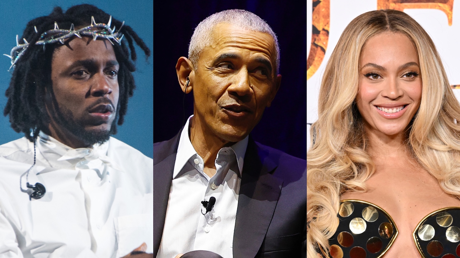 (L-R) Split images of Kendrick Lamar, Barack Obama, and Beyoncé