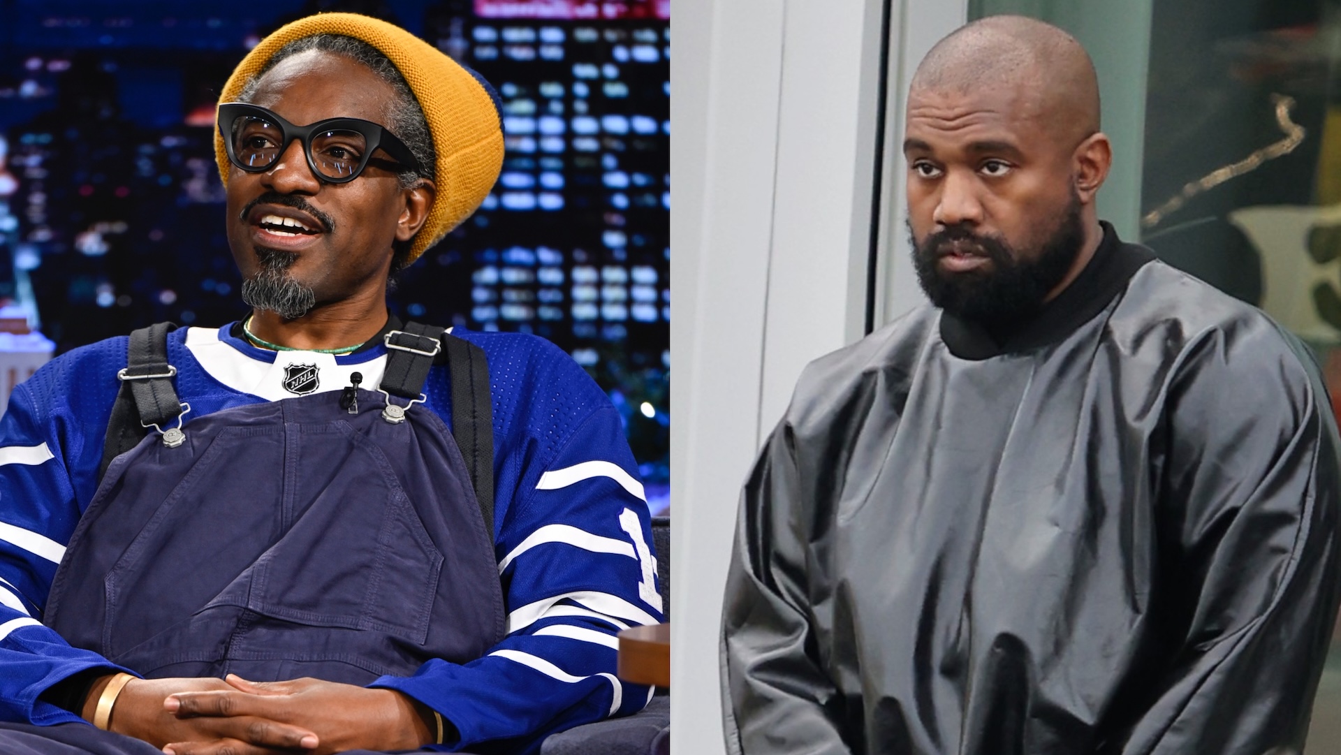Andre 3000 wearing a yellow hat and glasses, smiling, next to Kanye West in a dark outfit, looking serious.