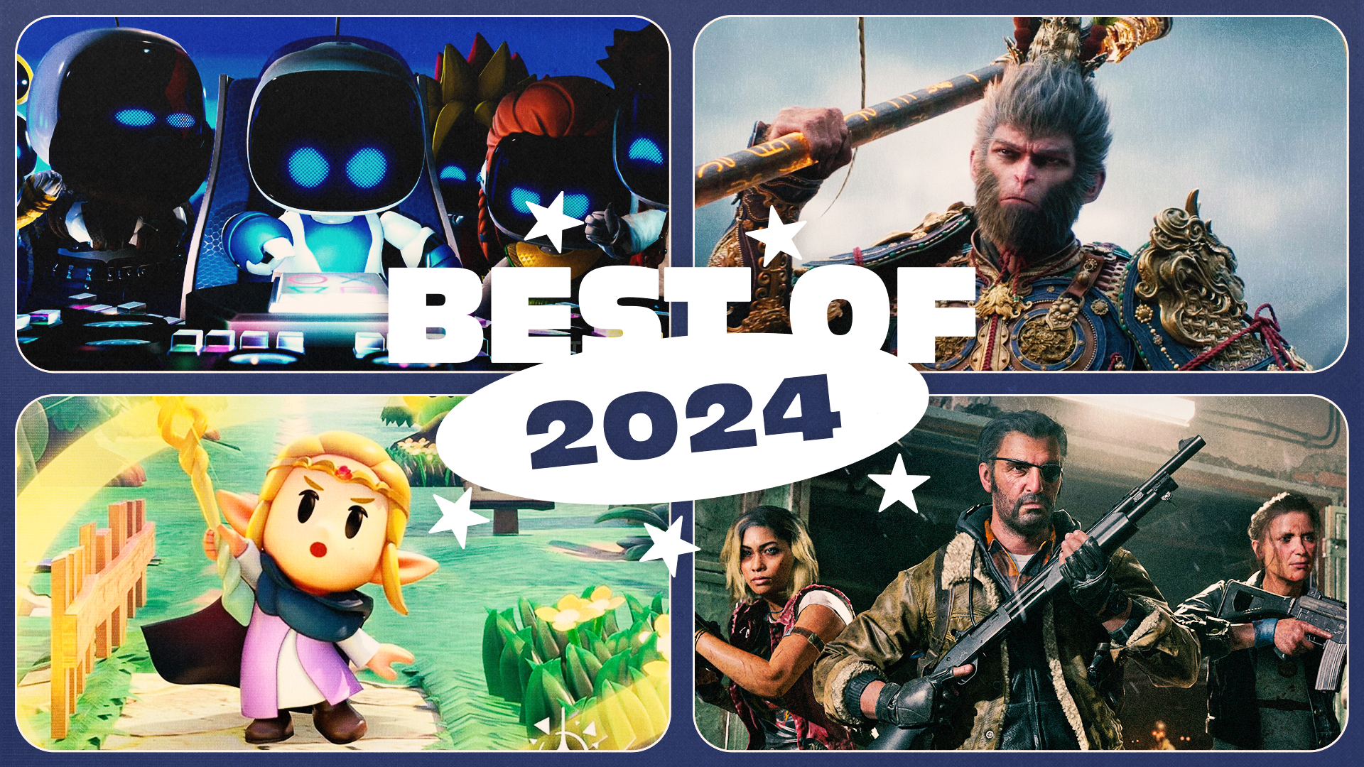 Collage of video game characters with "Best of 2024" text. Features a futuristic scene, a warrior, a cartoon character, and an action trio.