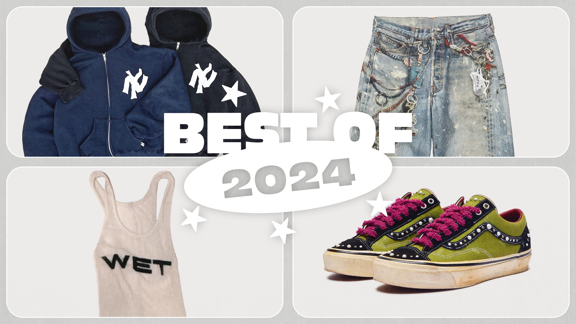 Collage of fashion items: NY jackets, distressed jeans, "WET" tank top, and green sneakers with pink laces. Text: "Best of 2024".