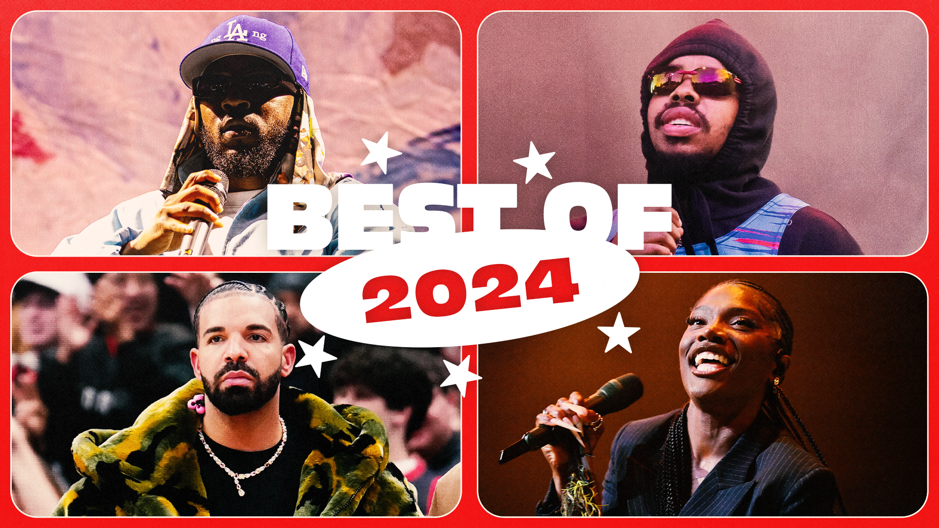 Collage of four artists with "Best of 2024" text. Features Kendrick Lamar, Earl Sweatshirt, Drake, and Doechii