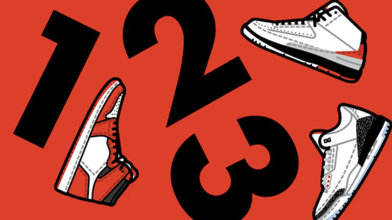 Illustration of three sneakers next to the numbers 1, 2, and 3 on a red background.