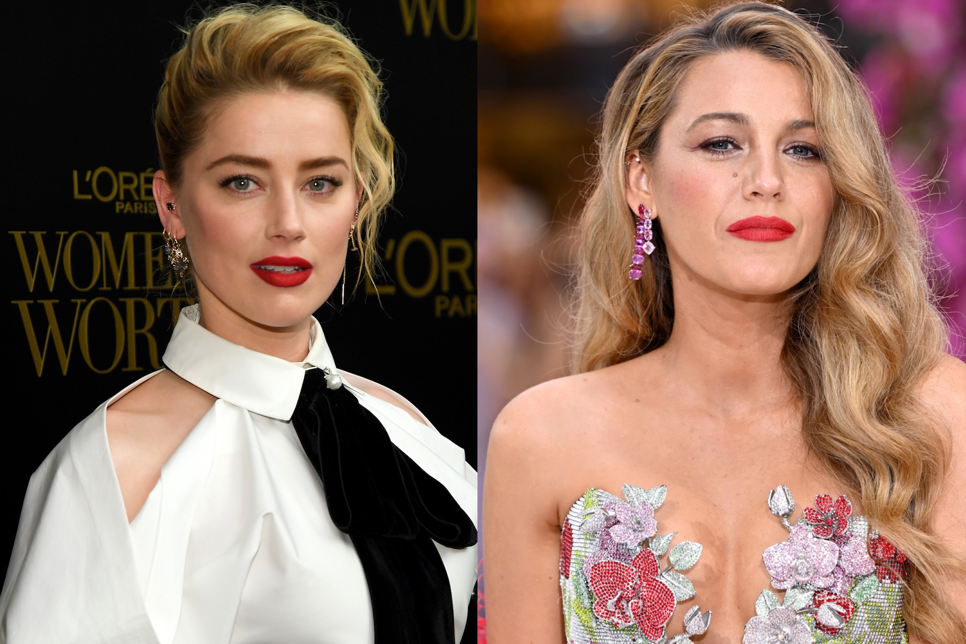 Amber Heard in a white and black outfit, and Blake Lively in a floral dress, both with red lipstick and styled hair.