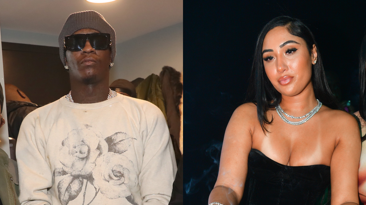 Split image: Young Thug wearing a beanie and sunglasses. Leena Sayed in a strapless dress with long hair.