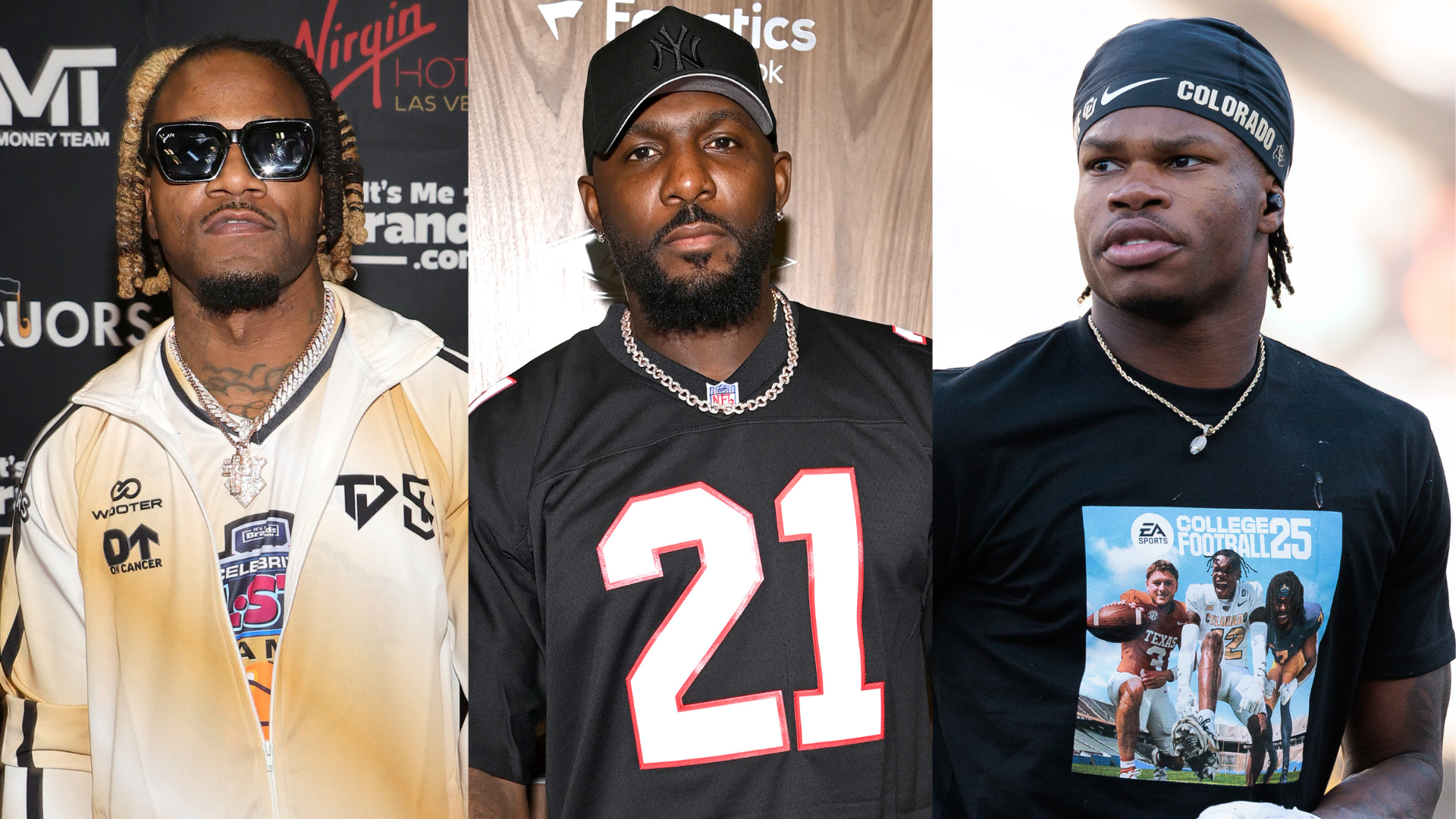Three men are pictured: one in a white jacket and sunglasses, one in a black jersey and cap, and one in a black T-shirt and headband.