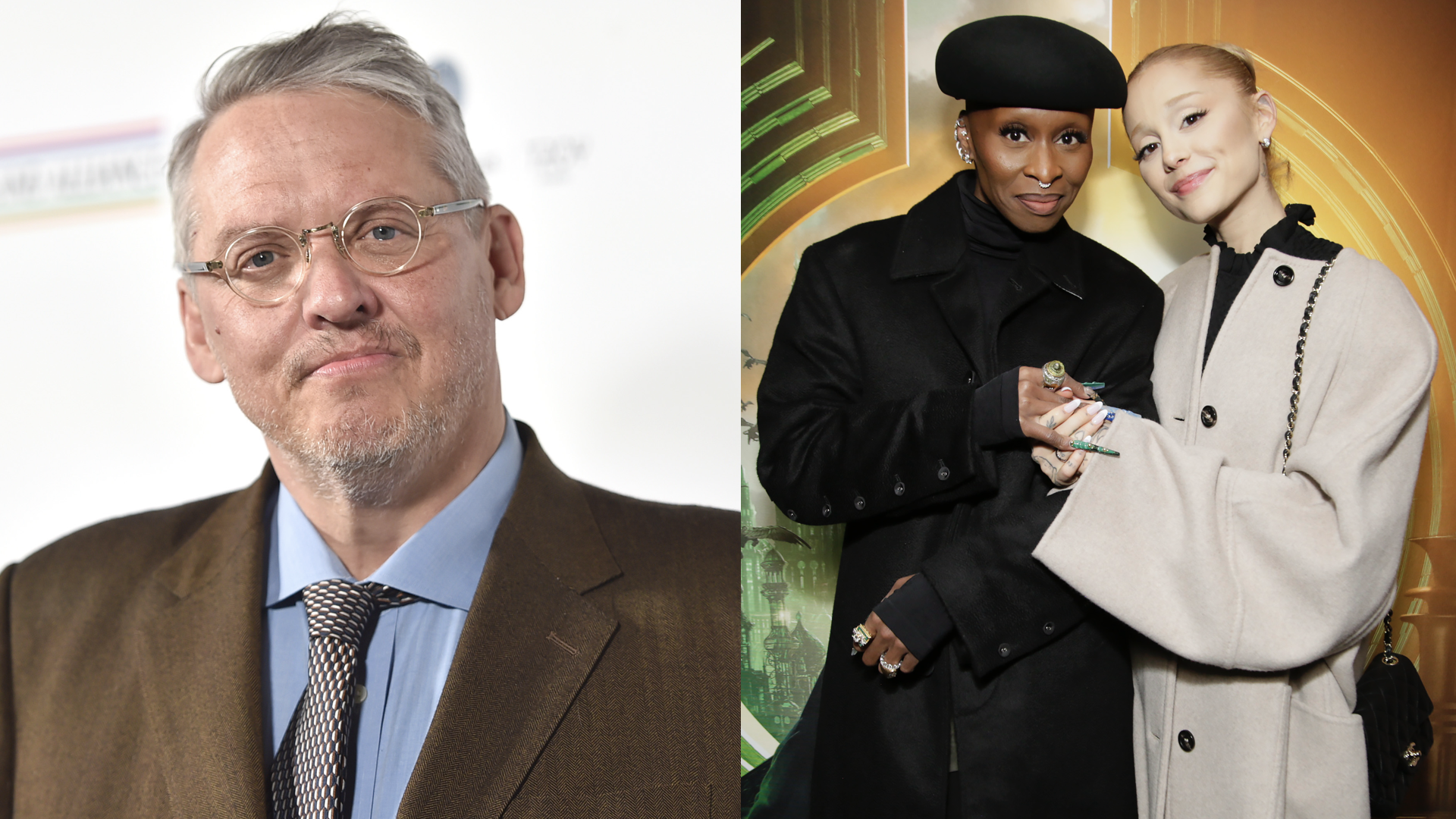 Honoree Adam McKay attends US-Ireland Alliance’s 16th Annual Oscar Wilde Awards at The Ebell Club of Los Angeles on March 24, 2022 in Los Angeles, California/Ariana Grande and Cynthia Erivo attend as Universal Pictures presents special New York City WICKED Screening at Metrograph on December 03, 2024 in New York City.