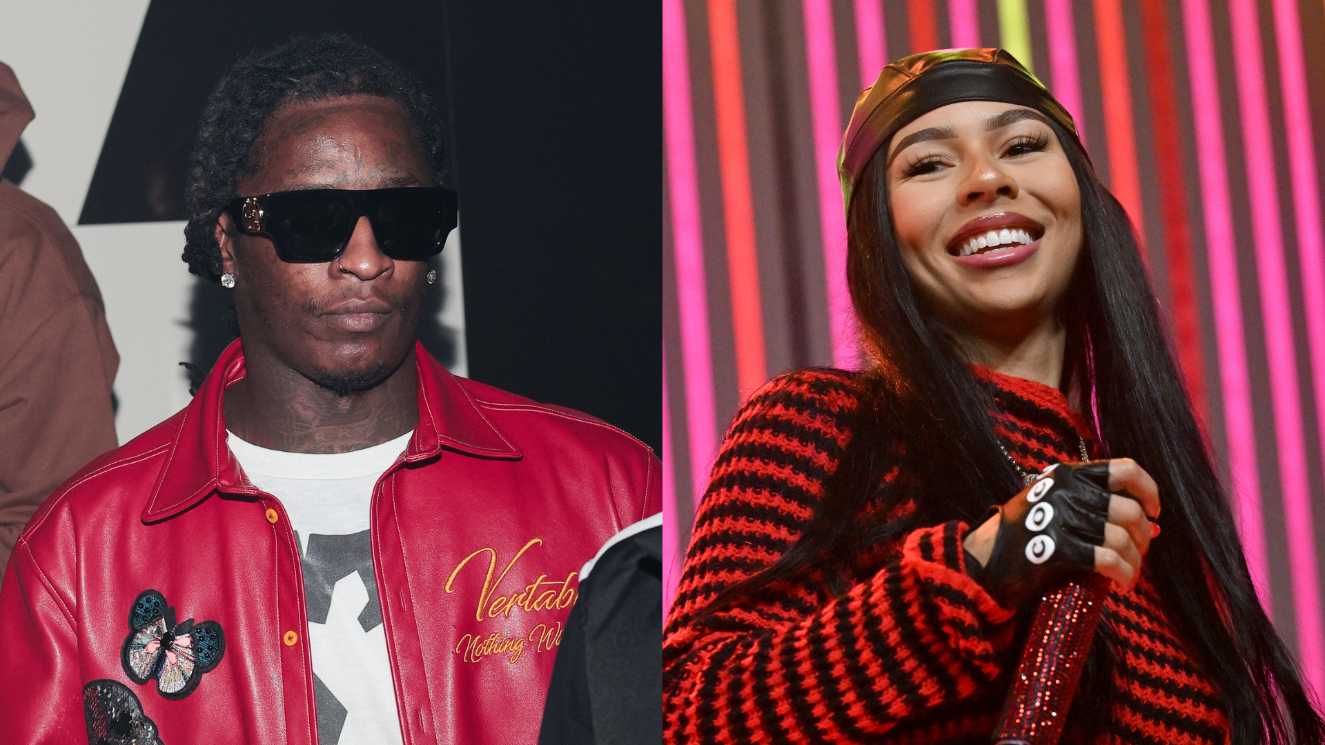 Young Thug in a red jacket with sunglasses, and Coi Leray smiling in a red and black outfit holding a microphone.