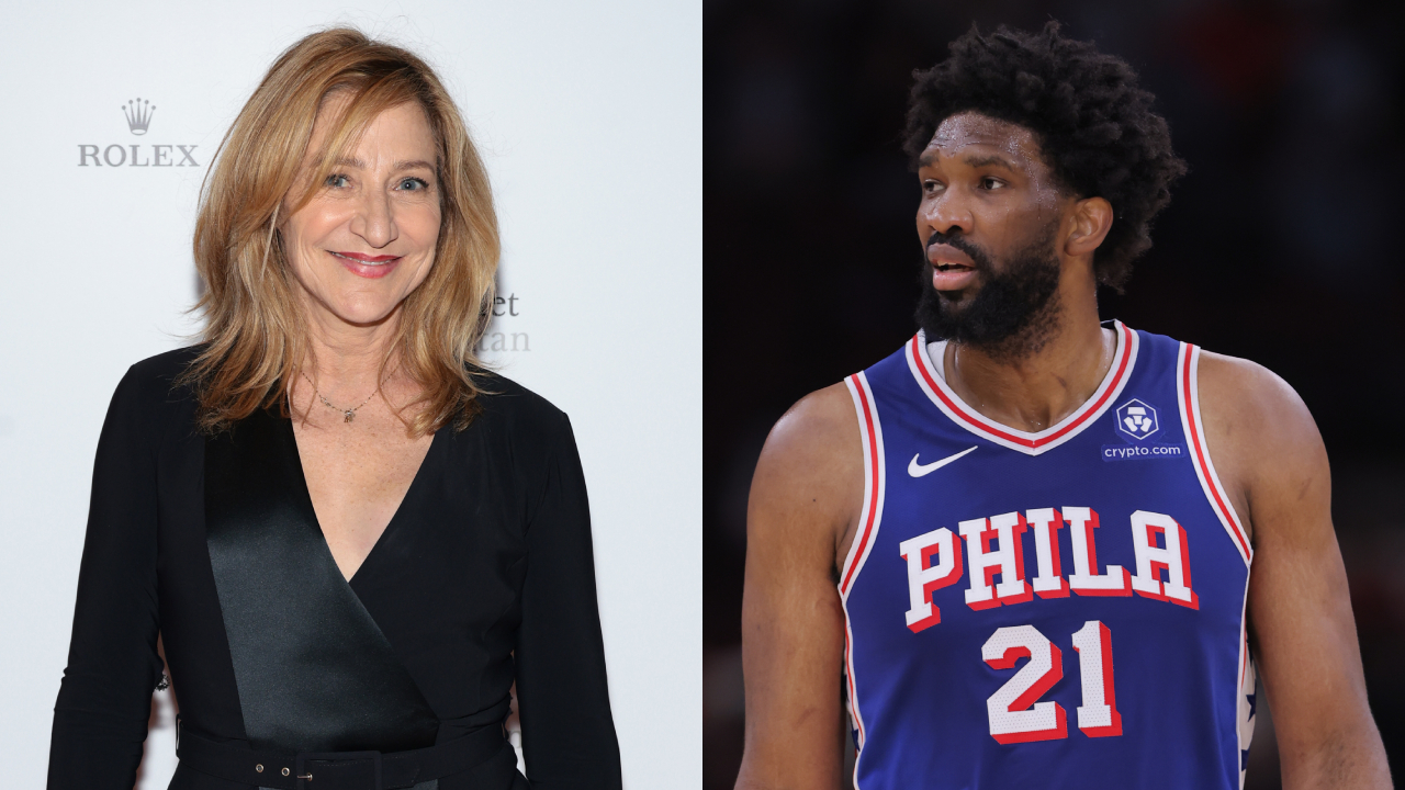 Edie Falco in a black dress smiles at an event; next to her, Joel Embiid in a Philadelphia 76ers jersey stands on the court.