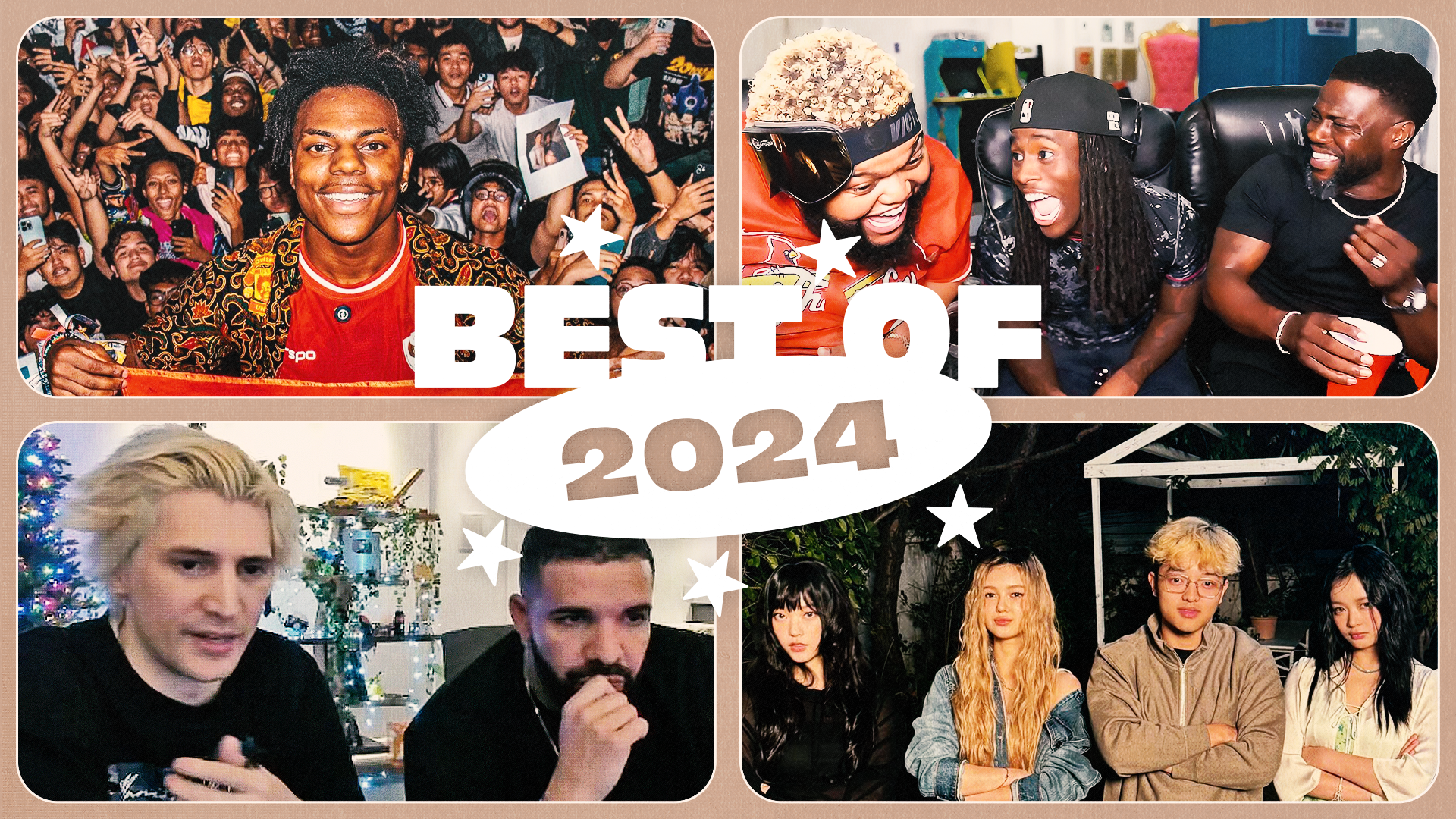 Collage of viral moments labeled "Best of 2024," featuring IShowSpeed (top left), Kai Cenat (top right), xQx and Drake (bottom left), and Jasontheween and NewJeans (bottom right).