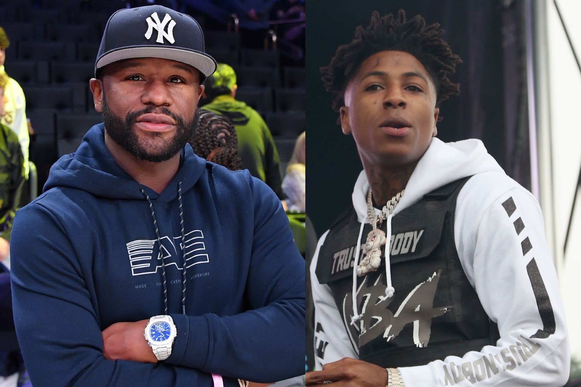 Floyd Mayweather in a blue hoodie and cap, standing with arms crossed. NBA YoungBoy in a white hoodie and vest, looking ahead.