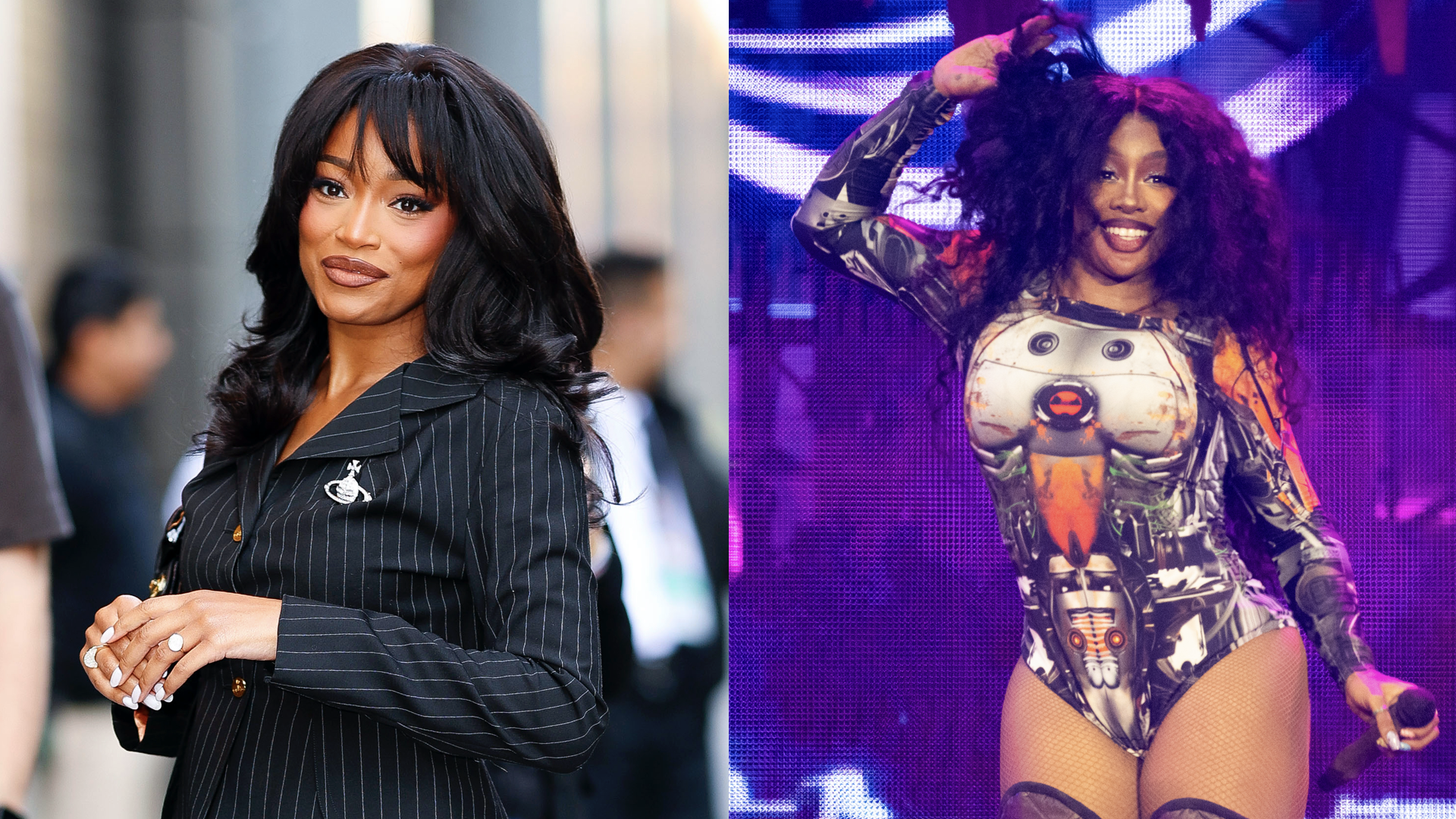 Keke Palmer seen in Hudson Square on November 19, 2024 in New York City/SZA performs as she headlines the Pyramid Stage during day five of Glastonbury Festival 2024 at Worthy Farm, Pilton on June 30, 2024 in Glastonbury, England.