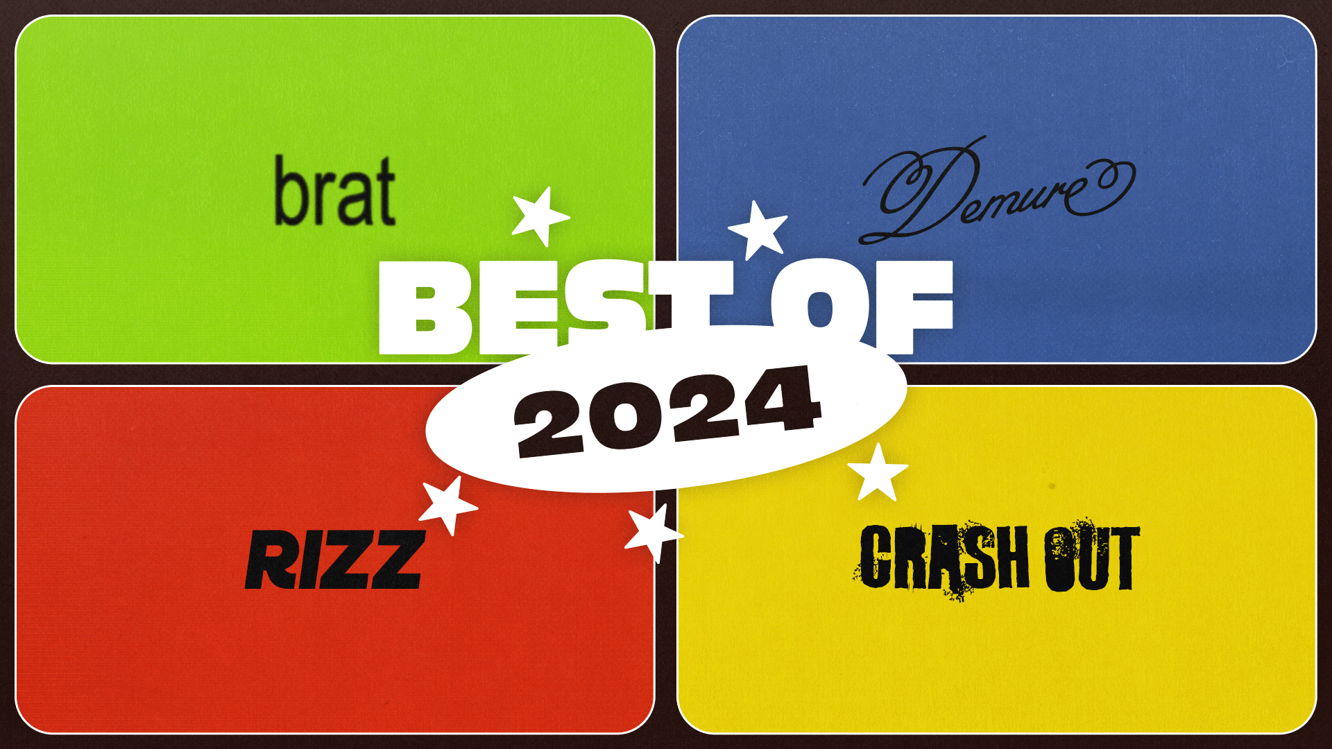 A college of various internet slang: "brat" (top left), "demure" (top right), "rizz" (bottom left), and "crash out" (bottom right).