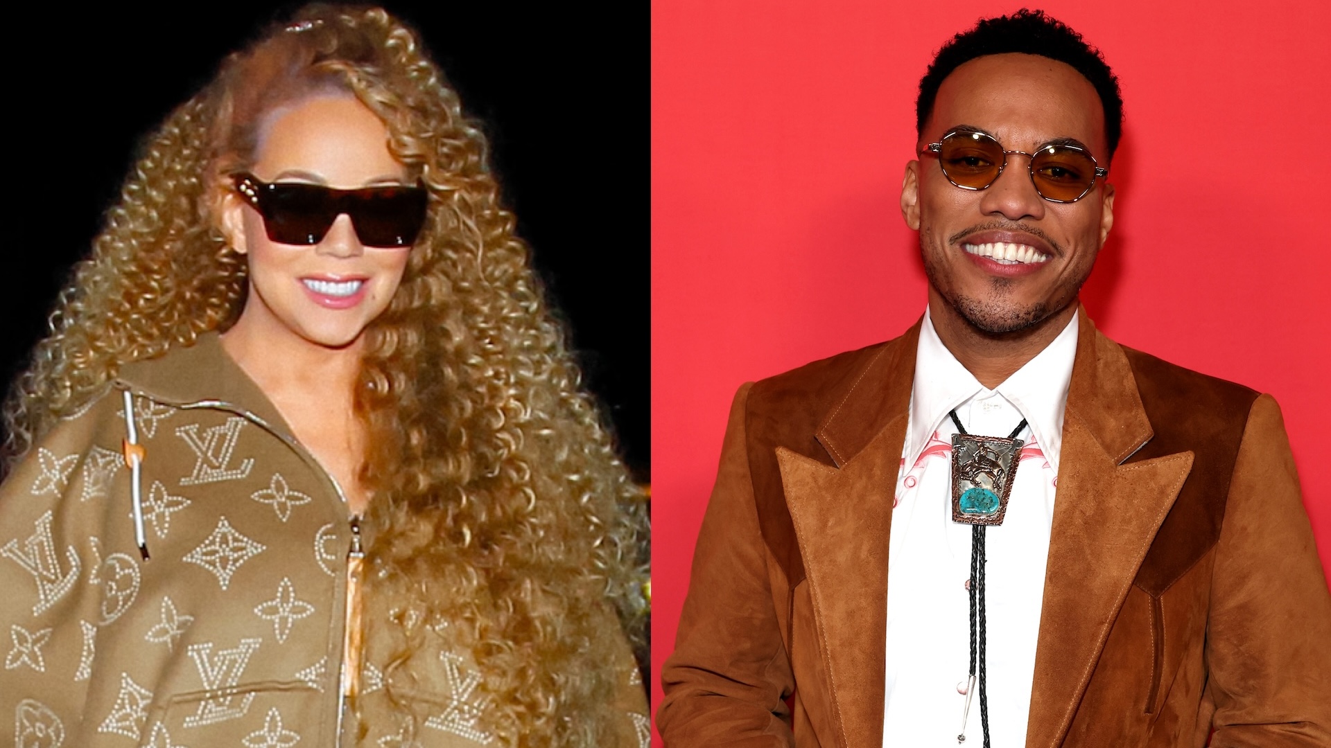 Mariah Carey in a Louis Vuitton outfit with sunglasses, and Anderson .Paak in a brown suit with a bolo tie, both smiling.