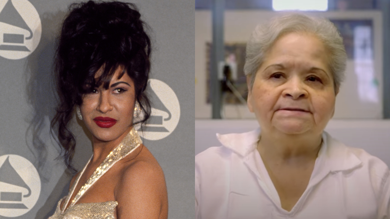Image of Selena Quintanilla in a glamorous dress at an event, and an Yolanda Saldivar in a white shirt in a different setting.