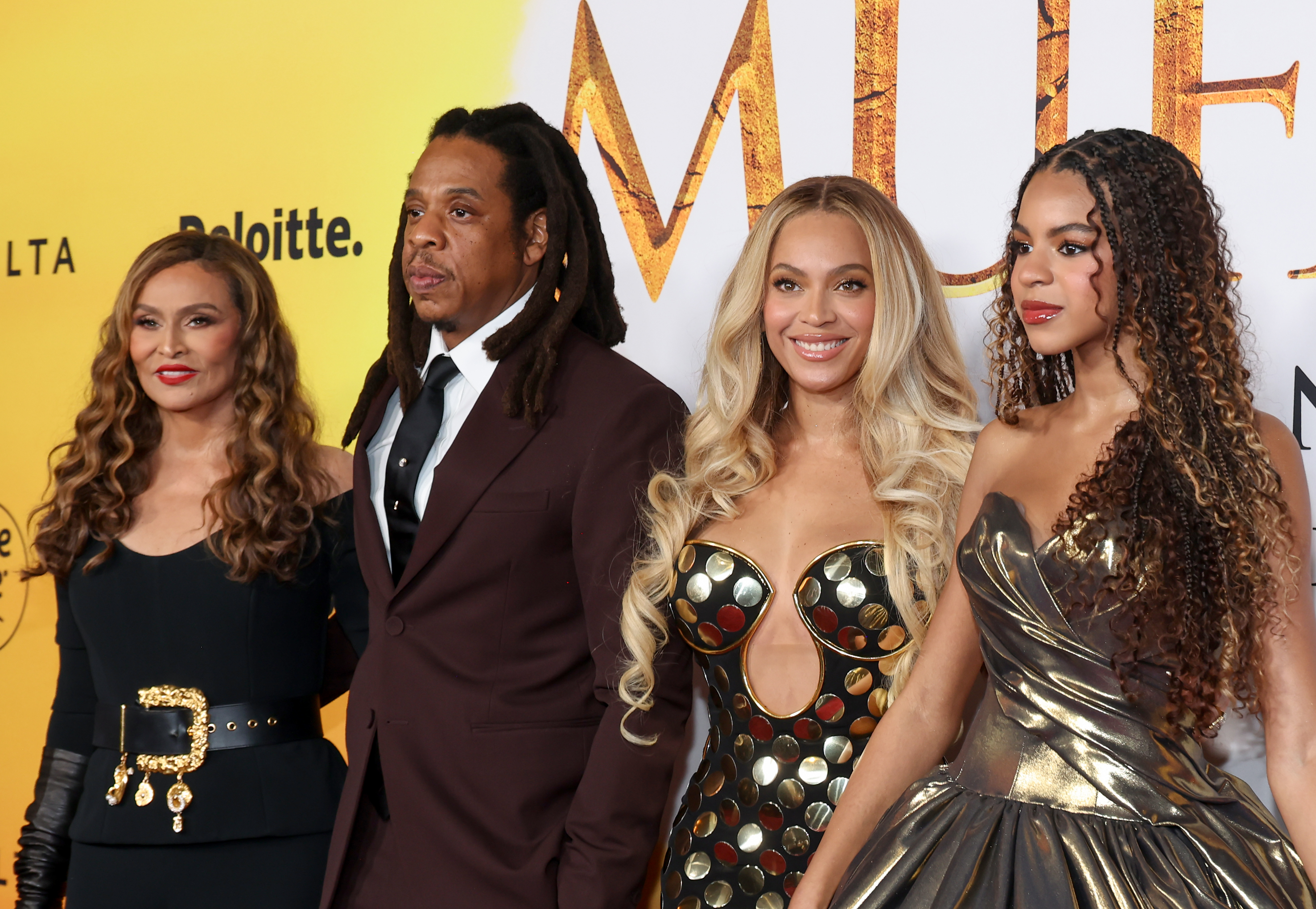 HOLLYWOOD, CALIFORNIA - DECEMBER 09: (L-R) Tina Knowles, Jay-Z, Beyoncé and Blue Ivy Carter attend the Los Angeles premiere of Disney's "Mufasa: The Lion King" at Dolby Theatre on December 09, 2024 in Hollywood, California. 