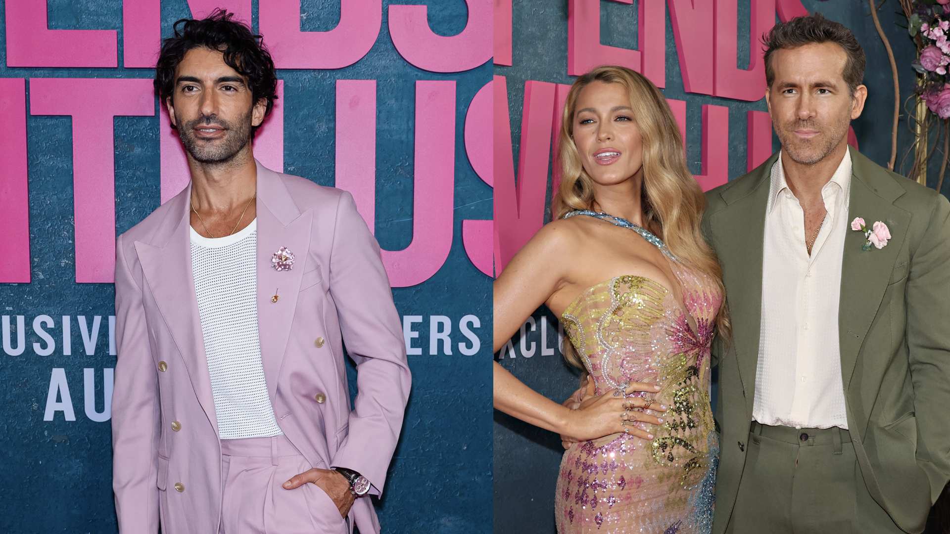 Justin Baldoni attends the "It Ends With Us" New York Premiere at AMC Lincoln Square Theater on August 06, 2024 in New York City/Blake Lively and Ryan Reynolds attend the "It Ends With Us" New York Premiere at AMC Lincoln Square Theater on August 06, 2024 in New York City.