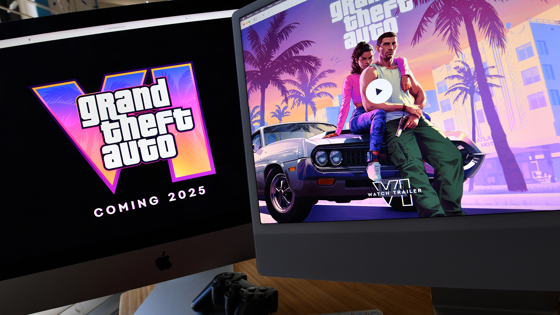 Rockstar Games' Grand Theft Auto 6 trailer played on computer screens.