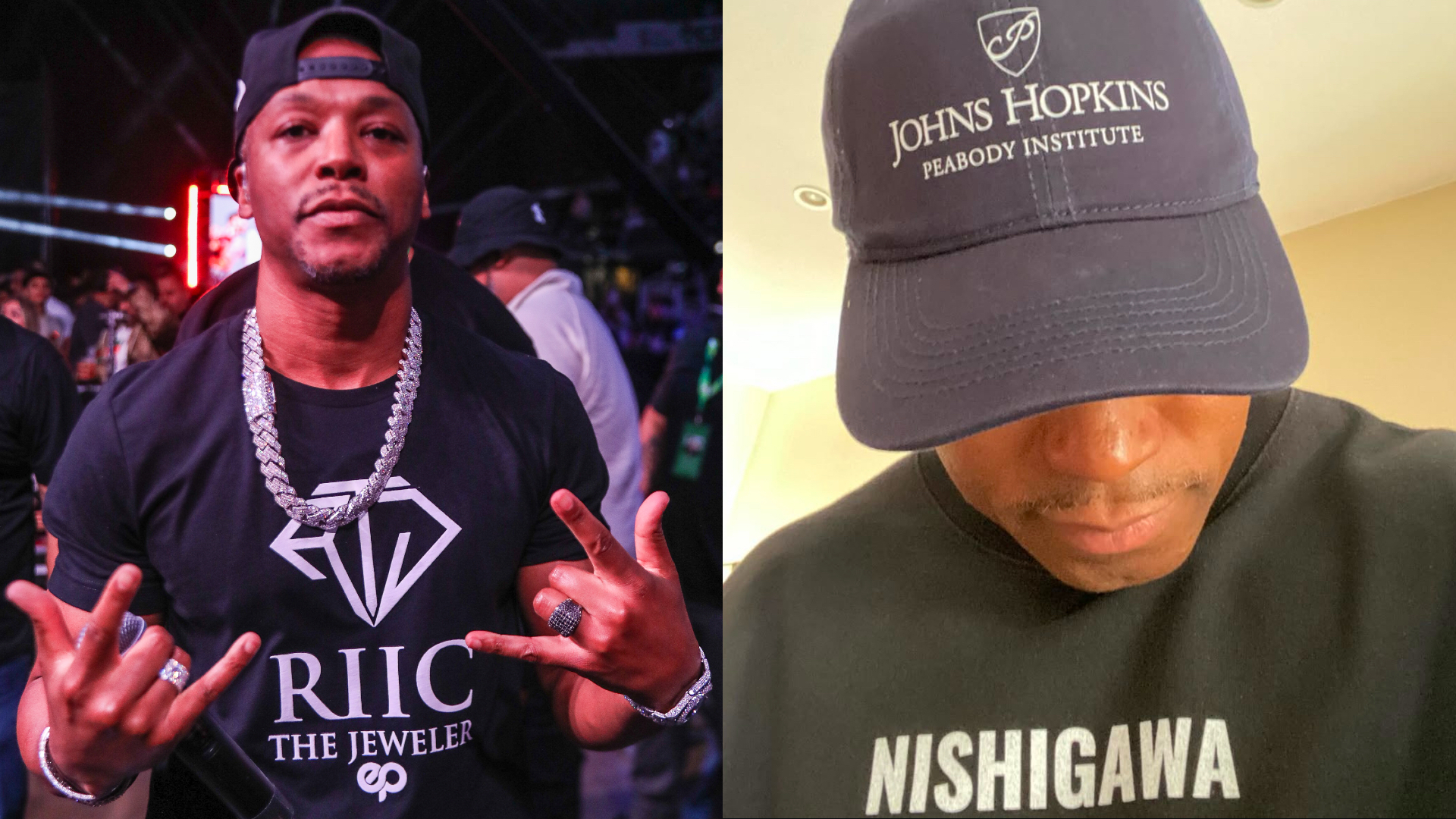 Two images: Left, Lupe wearing a "RIIC THE JEWELER" shirt, cap, and chain, making hand gestures. Right, Lupe in a "JOHNS HOPKINS" cap and "NISHIGAWA" shirt, looking down.