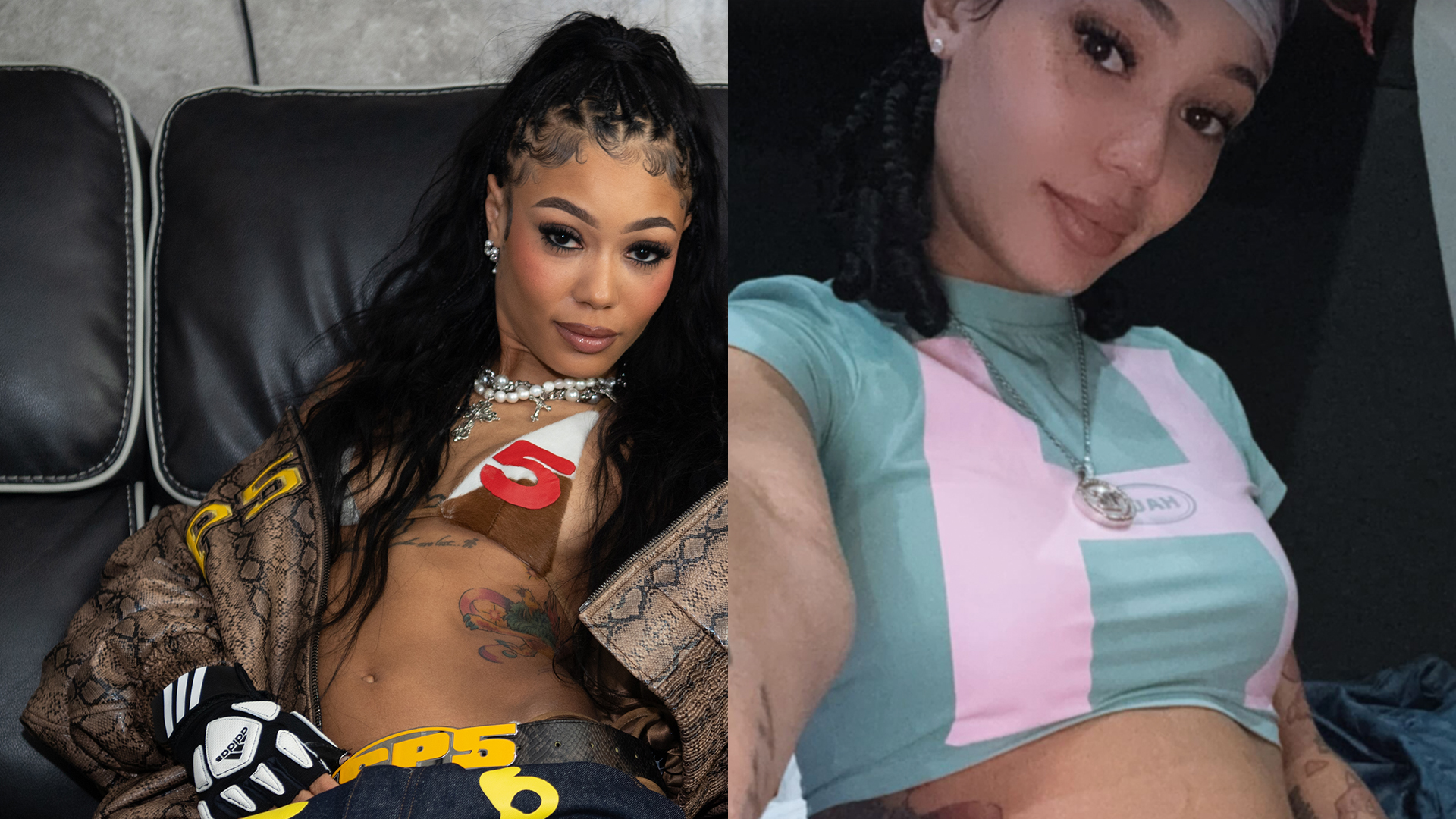 Coi Leray alongside a screenshot of her showing off her baby bump.