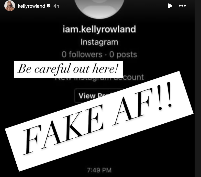 Screenshot of a fake Instagram account impersonating Kelly Rowland