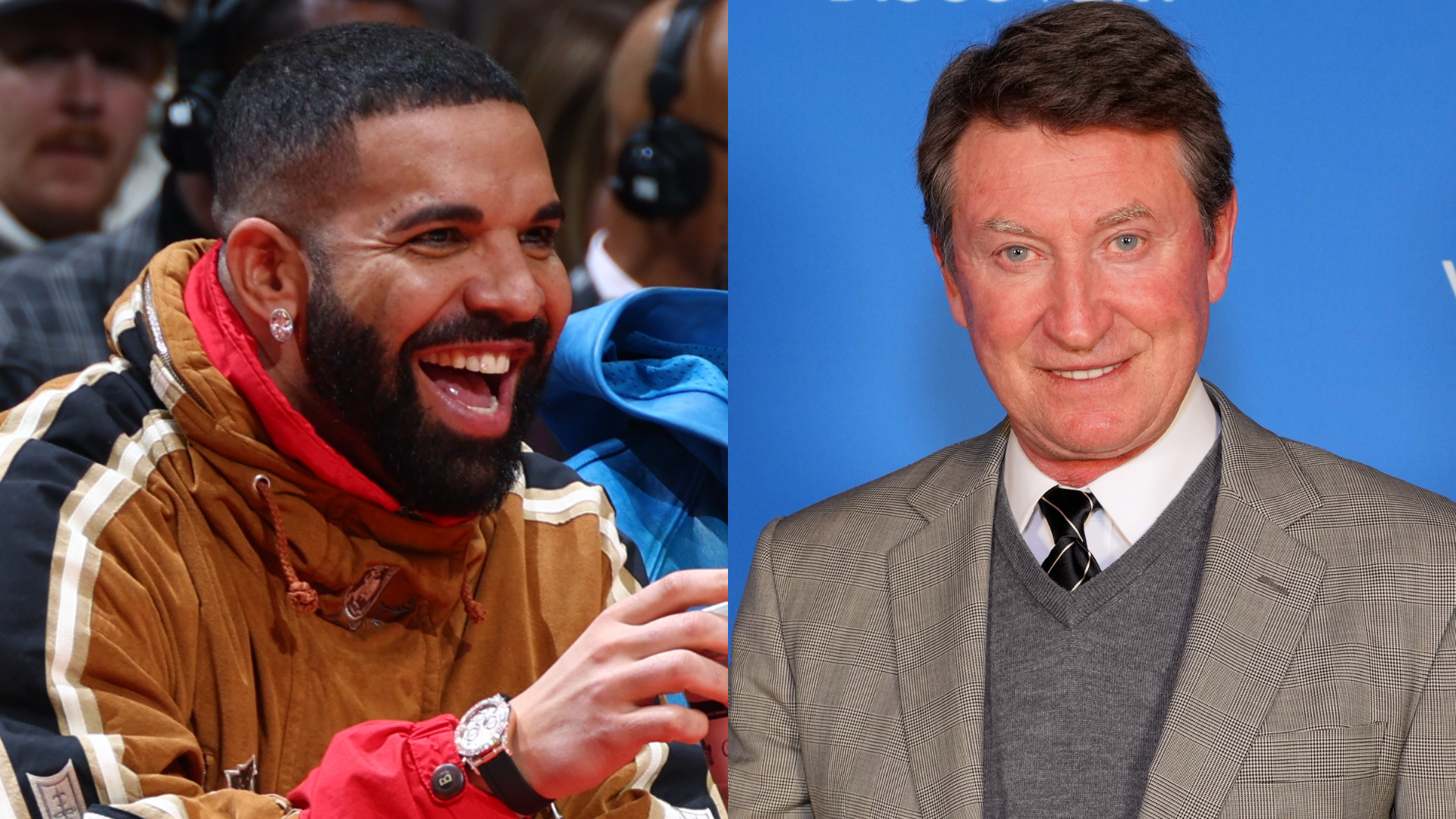 Drake laughing in a brown jacket on the left; Wayne Gretzky smiling in a suit on the right.