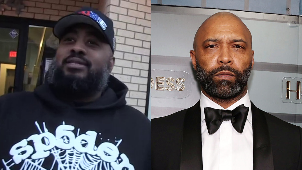 Split image: QueenzFlip in a black hoodie and cap, Joe Budden in a tuxedo.