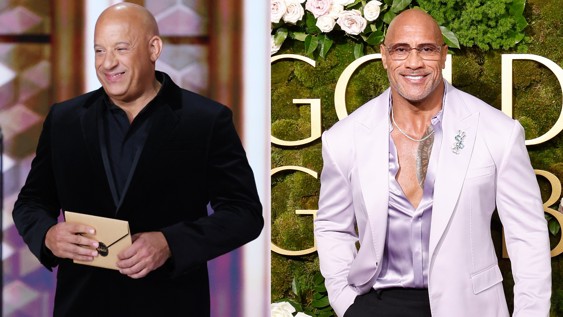 Vin Diesel in a black suit holding an envelope, and Dwayne "The Rock" Johnson in a light purple suit smiling in front of a floral backdrop.