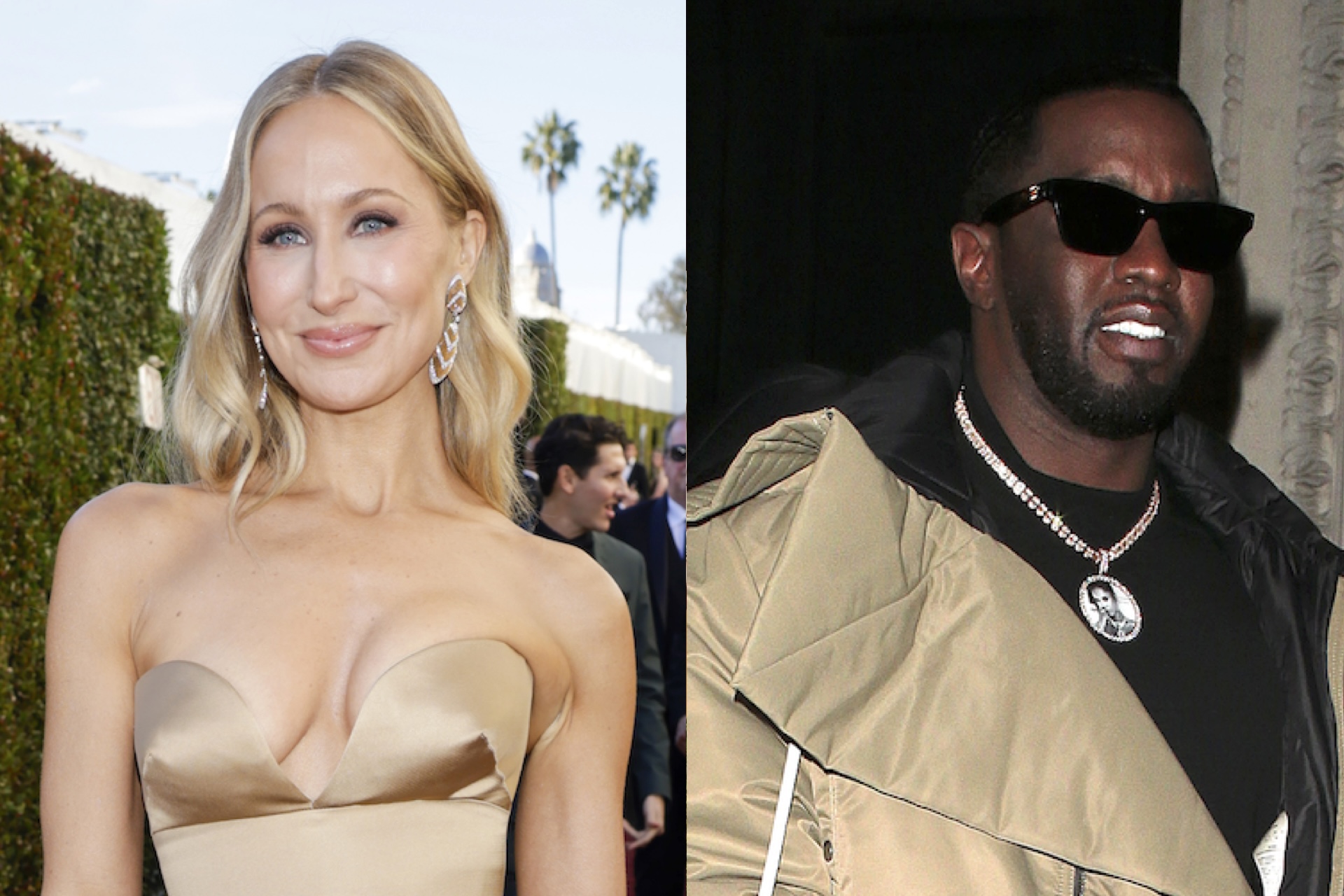 Nikki Glaser in a gold dress at an event; Sean "Diddy" Combs in sunglasses and a necklace at a nighttime gathering.