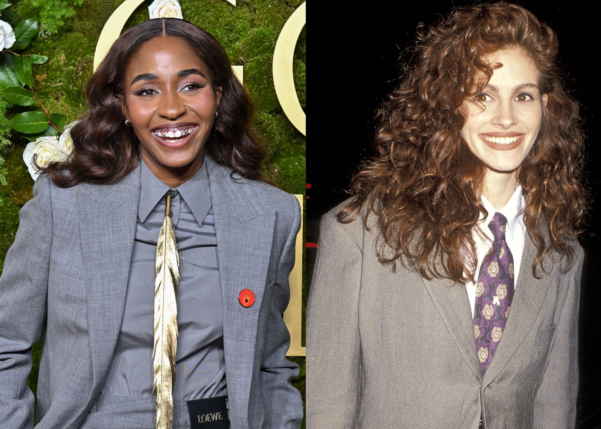 Ayo Edebiri and Julia Roberts in gray suits smiling; one has long, curly hair, and the other has straight hair with a decorative tie.