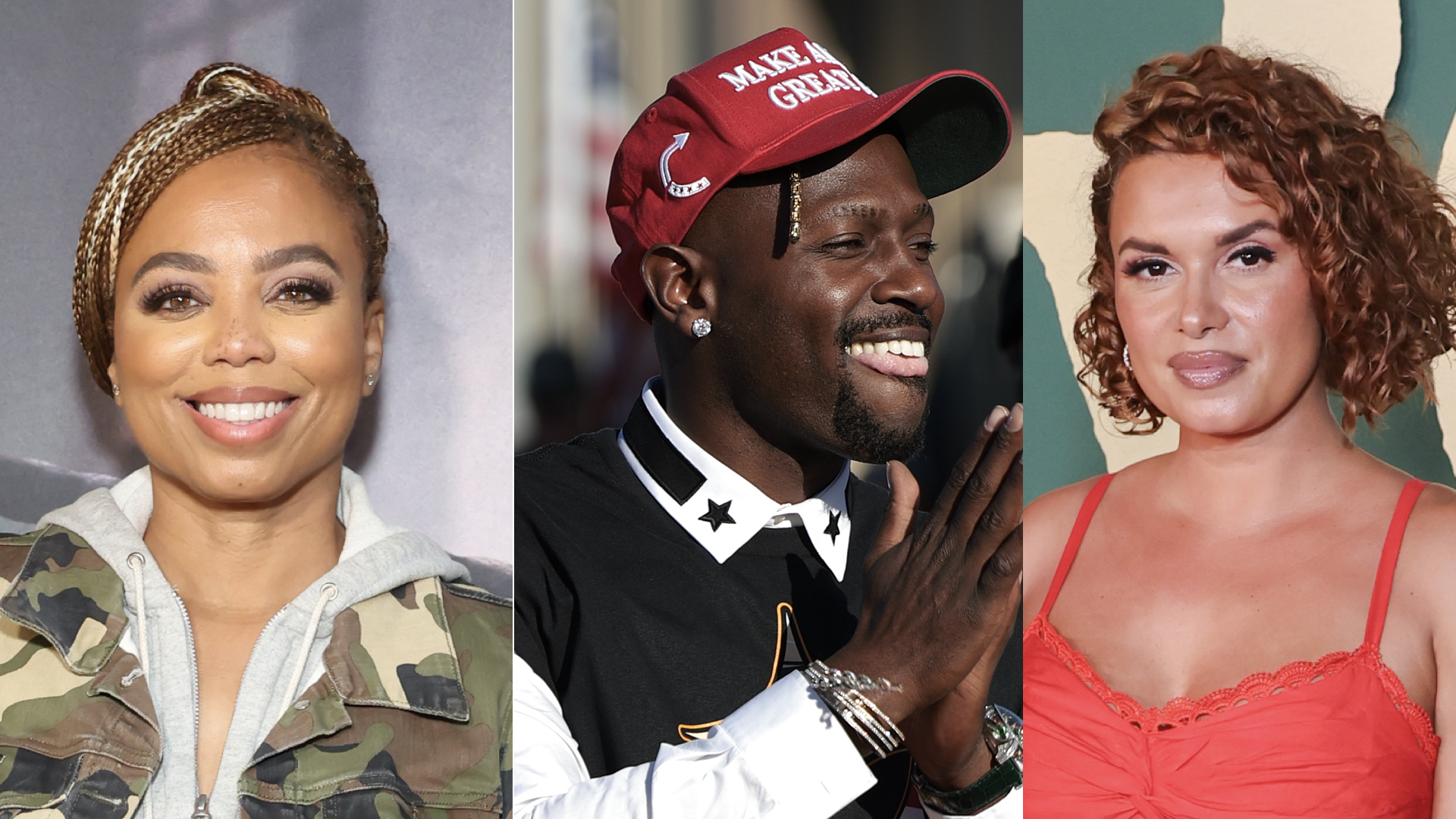 Three people are pictured: a woman in a camo jacket, a man in a red cap, and a woman in a red top with curly hair.