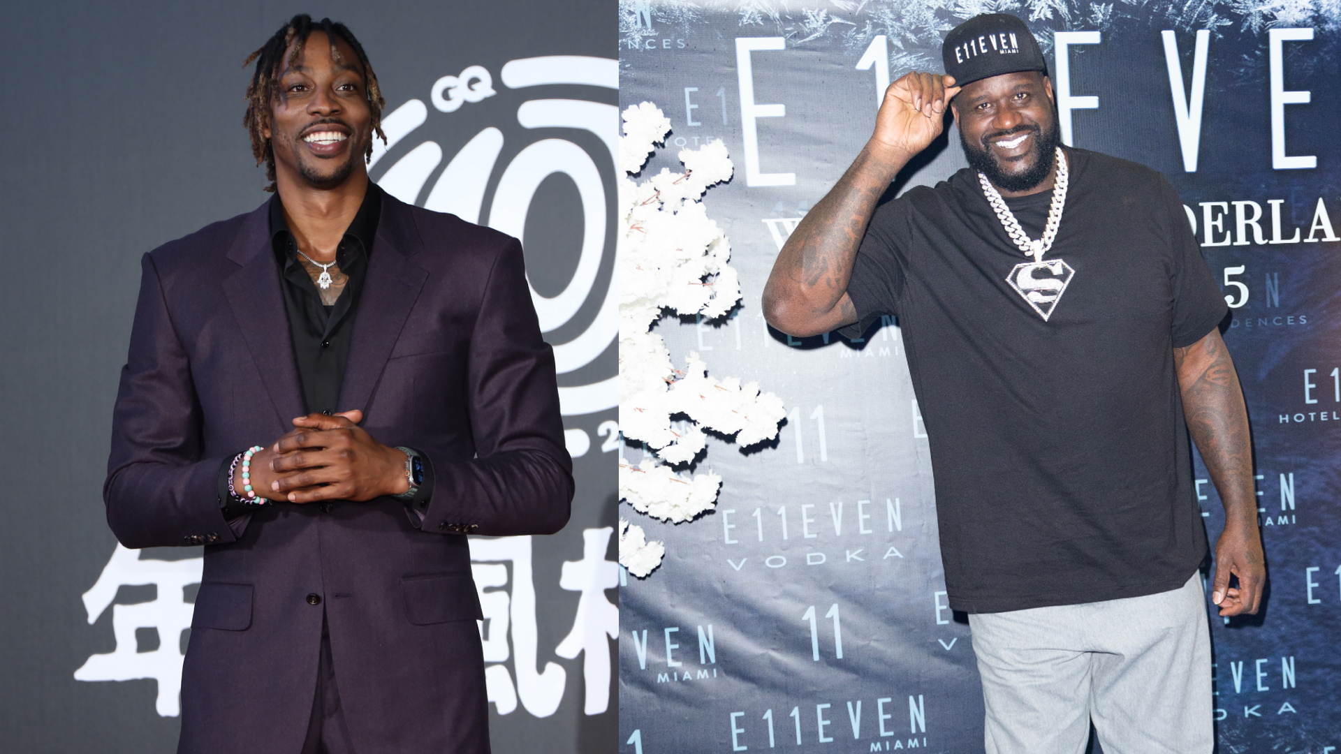 Dwight Howard in a dark suit smiles on the left, and Shaquille O'Neal in a black t-shirt and cap poses on the right.