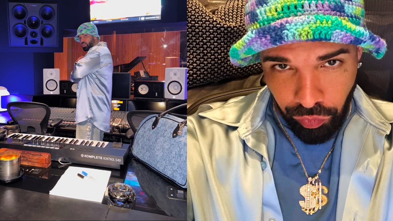 Drake in a recording studio wearing a colorful knit hat and a shiny shirt, posing with music equipment.