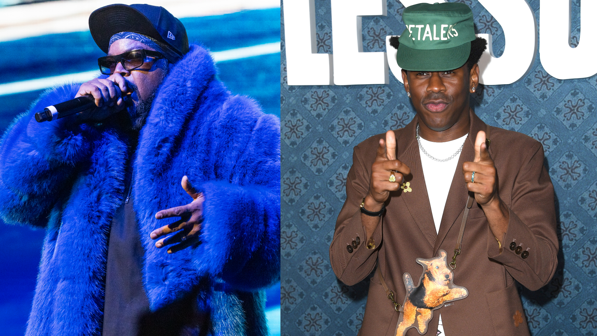 Cube in a blue fur coat and sunglasses performs on stage. Tyler in a brown suit and green cap poses with finger guns.