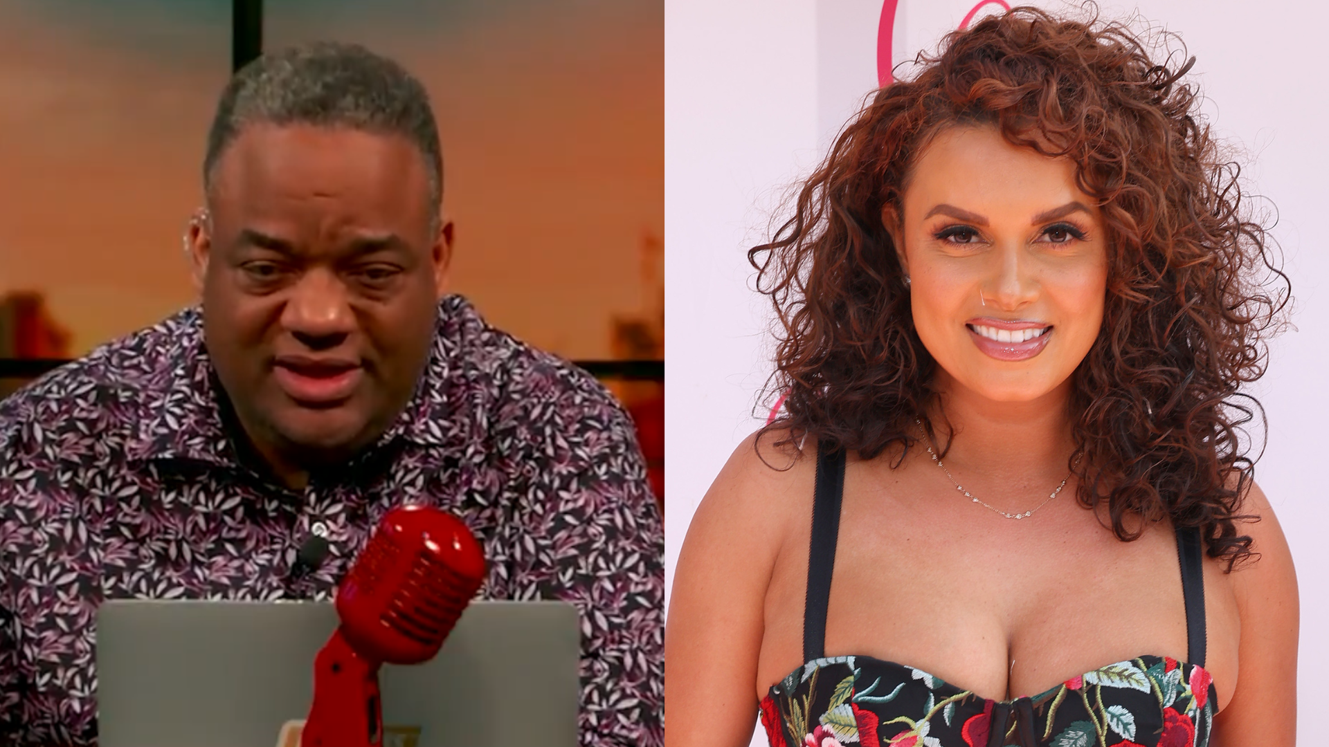 A man speaking into a red microphone on the left, and a woman with curly hair in a floral dress smiling on the right.