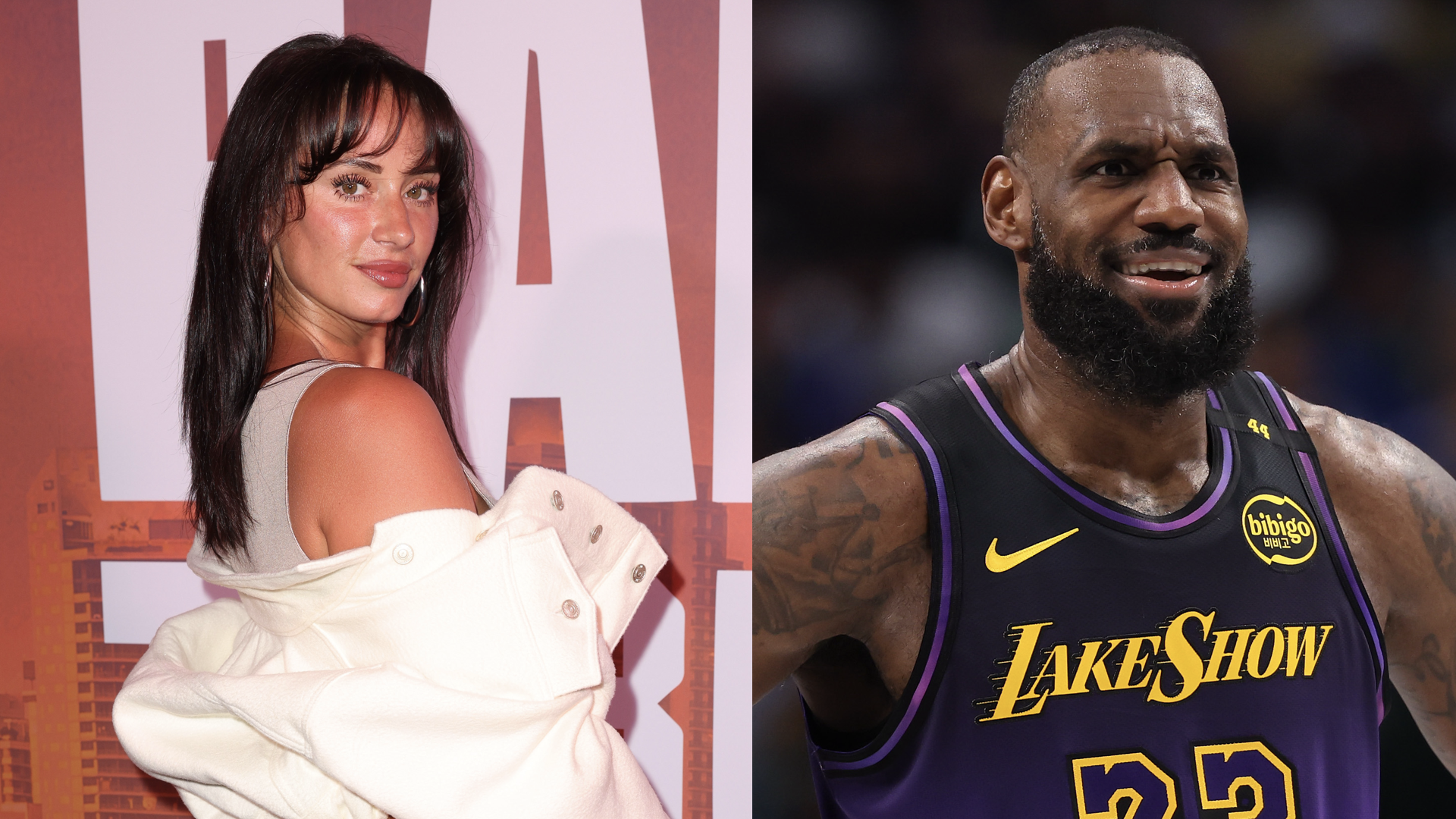 (L) YesJulz attends the "Bad Boys: Ride Or Die" Miami Screening on June 05, 2024 in Miami, Florida. (R) LeBron James #23 of the Los Angeles Lakers looks on during the first quarter against the Dallas Mavericks at American Airlines Center on January 07, 2025 in Dallas, Texas.