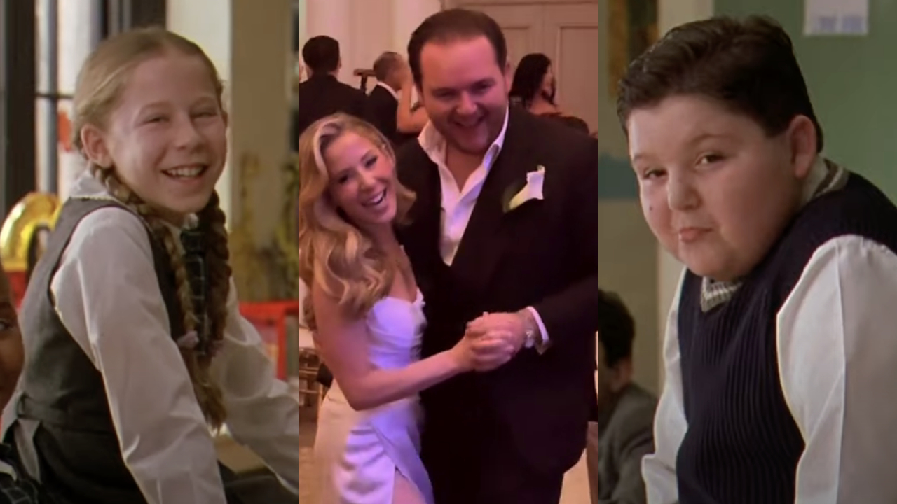 Three images side by side: a young Angelo Massagli in a vest, a young Caitlin Hale with braids in a school uniform, and the two of them as adults dancing at their wedding.