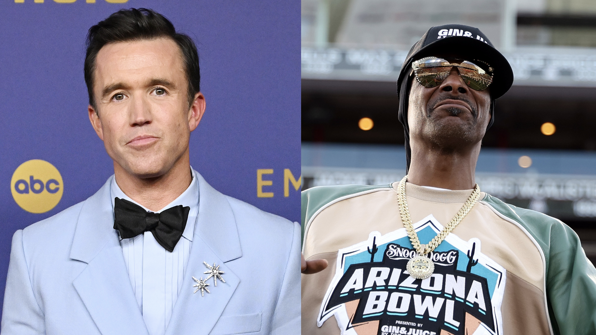 (L) Rob McElhenney at the 76th Primetime Emmy Awards held at Peacock Theater on September 15, 2024 in Los Angeles, California. (R) Musical artist/rapper Snoop Dogg directs the bands during the halftime show of the Snoop Dogg Arizona Bowl game between the Colorado State Rams and the Miami (OH) RedHawks at Arizona Stadium on December 28, 2024 in Tucson, Arizona.