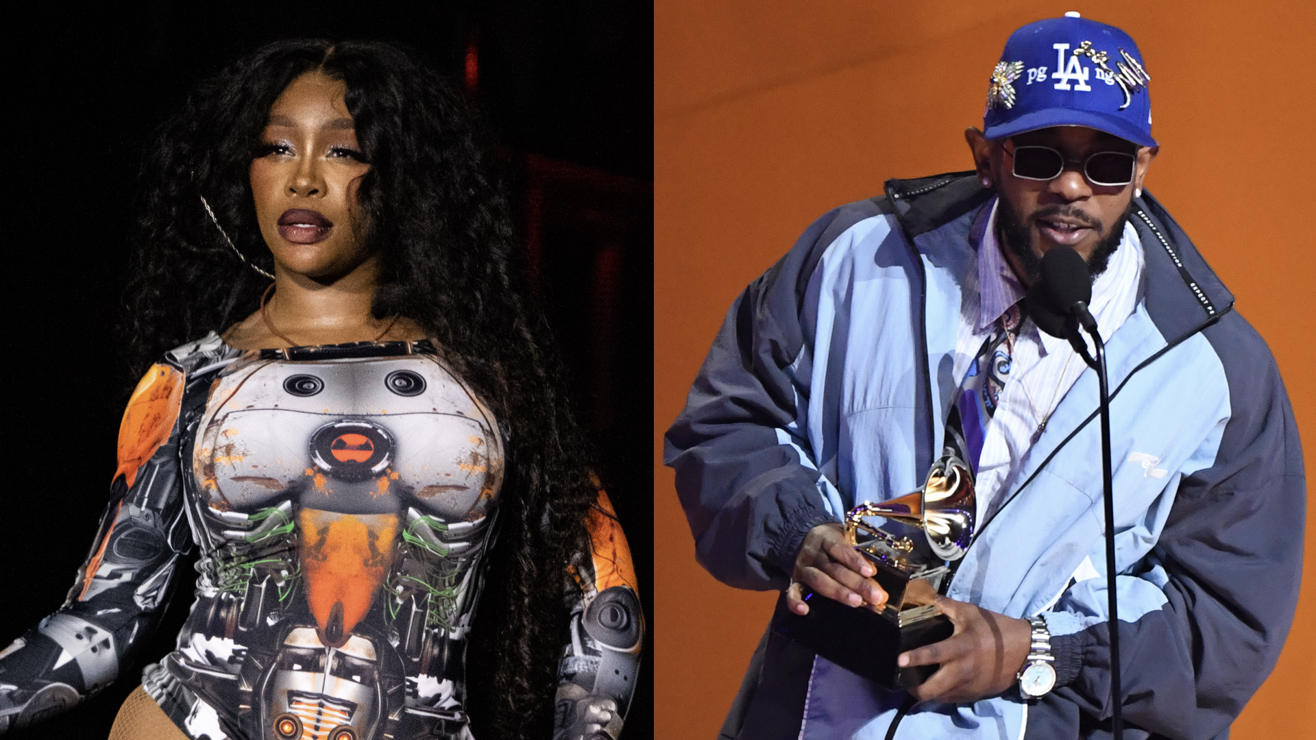 SZA performs on The Pyramid Stage during day five of Glastonbury Festival 2024 at Worthy Farm, Pilton on June 30, 2024 in Glastonbury, England/Kendrick Lamar accepts the Best Rap Album award for “Mr. Morale & The Big Steppers” onstage during the 65th GRAMMY Awards at Crypto.com Arena on February 05, 2023 in Los Angeles, California.